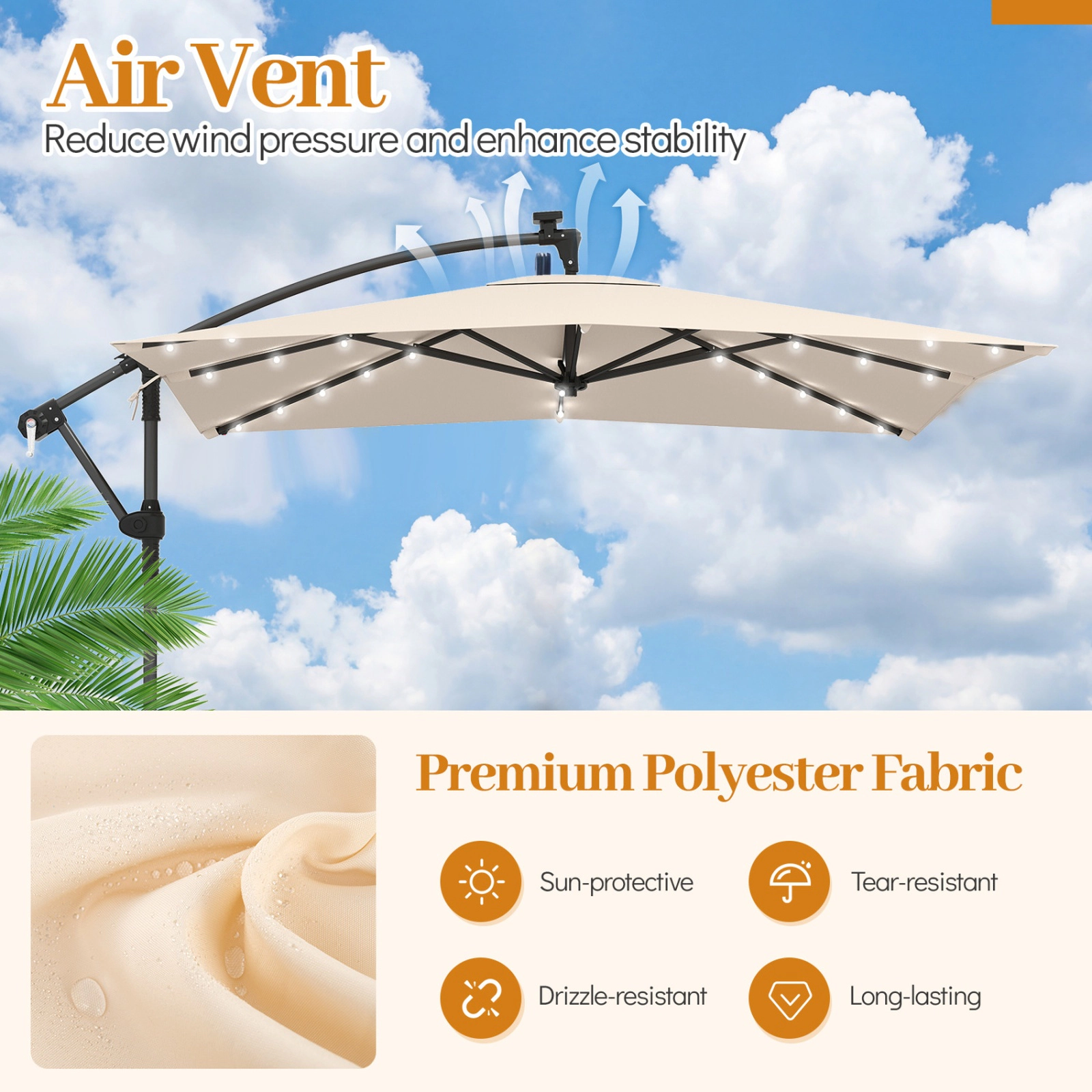 SUGIFT 8-ft Beige Square Solar Offset Cantilever Patio Umbrella with 7-ft Clearance Crank Lift and Cross Base