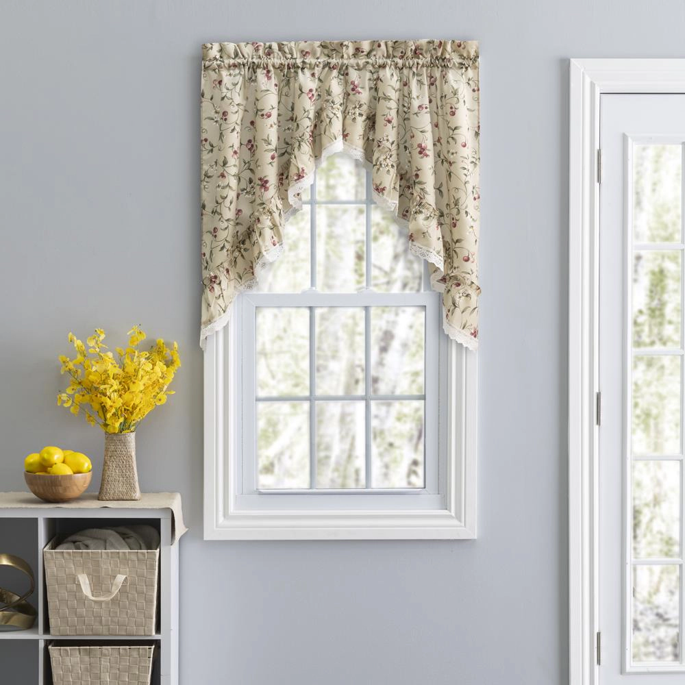 Ellis Curtain Cherries Ruffled 1.5" Rod Pocket Swag Lace Edge Window Curtain 58"x36" Natural