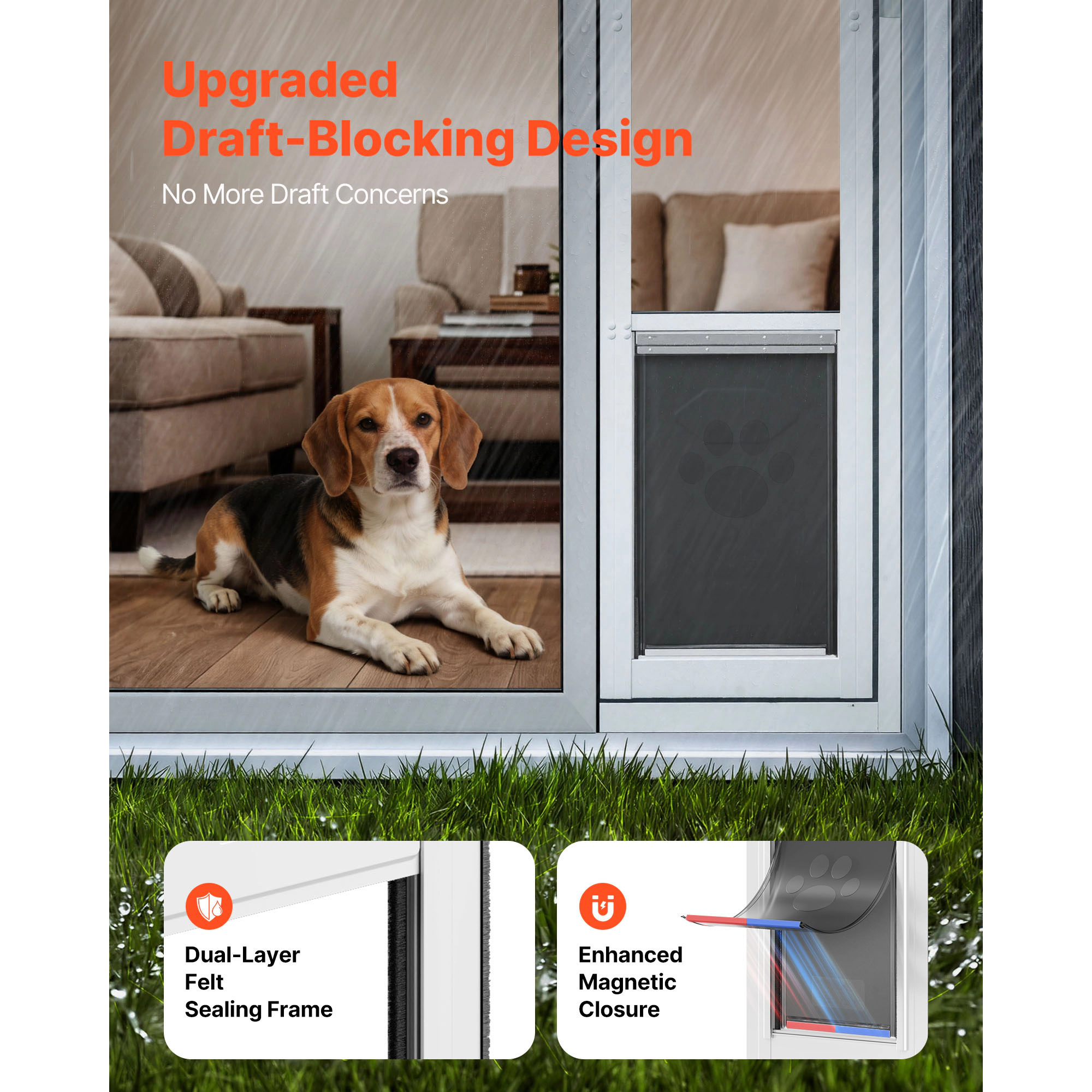 HONGGE 180° Swing Sliding Glass Dog Door for Large Dogs up to 100 lbs, Weatherstripped Aluminum Alloy Frame