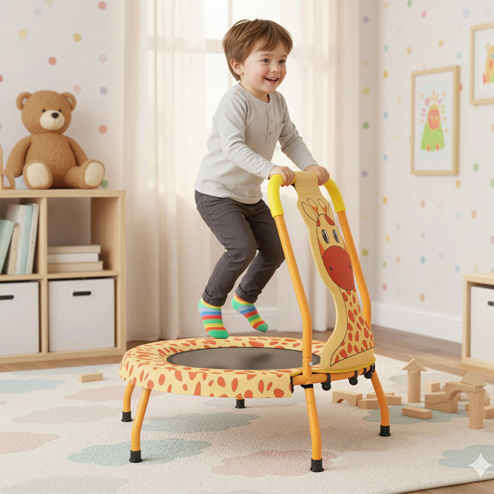 SUGIFT Mini Trampoline for Toddlers Orange with Foam Padded Handle and Giraffe Cover