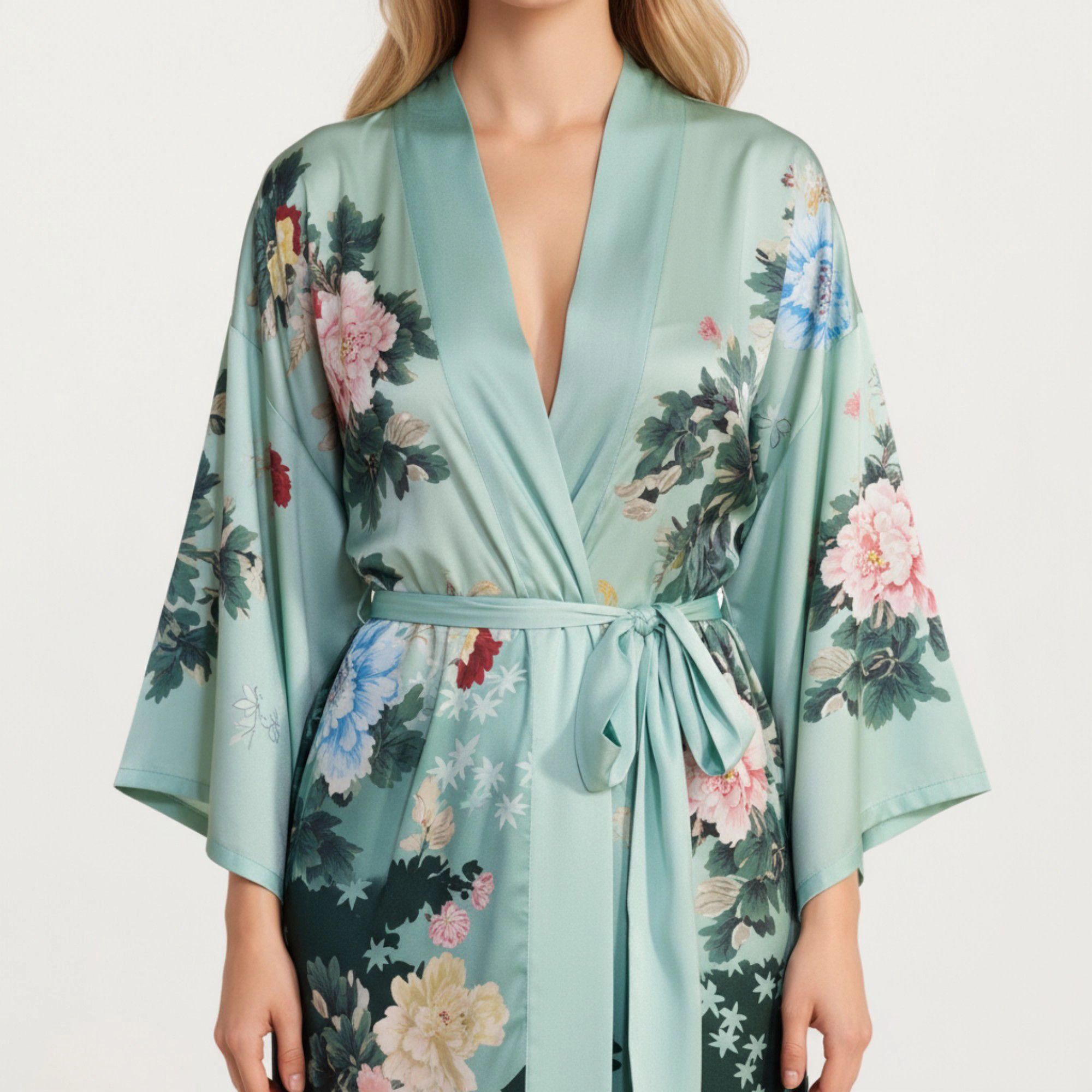 Anna-Kaci Women's Long Satin Floral Print Robe with Waist Tie and Wide Sleeves