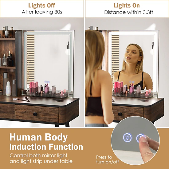 Hivvago Vanity Makeup Table Set With Lighted Mirror-Brown