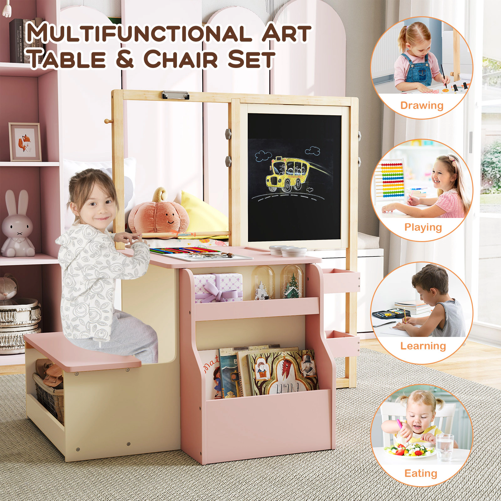 SUGIFT Pink Double-Sided Easel and Paper Roll Kids Art Center Wooden Table and Bench Set