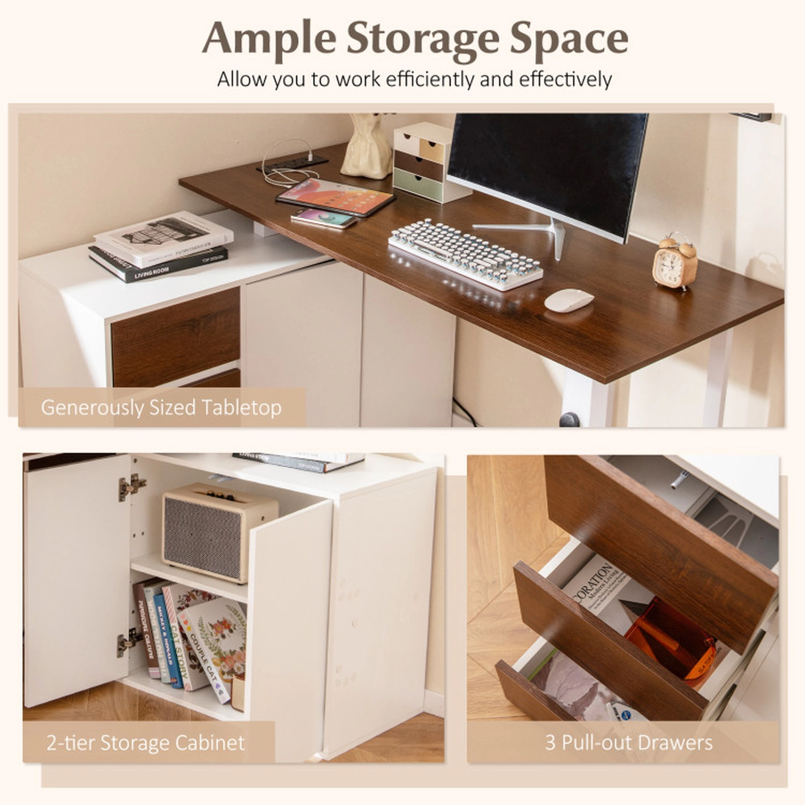 SUGIFT Reversible L-Shaped Computer Desk with File Cabinet and Power Outlet 220-lb Tabletop Capacity Brown & White