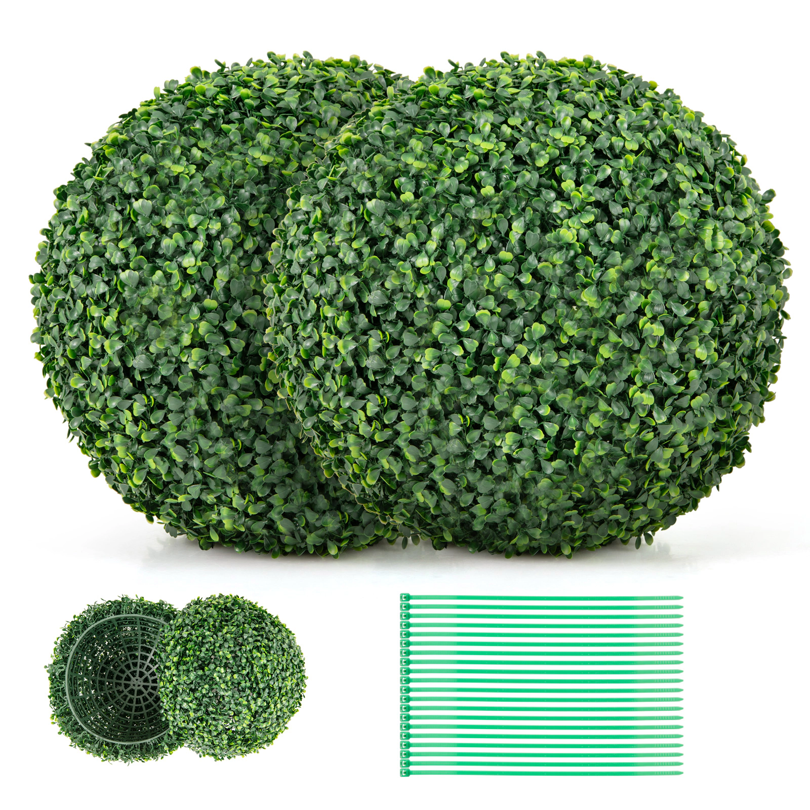 SUGIFT Set of 2 Interlocking Half Shell Artificial Boxwood Topiary Balls 16-in and 20-in Diameter 7-lb Green