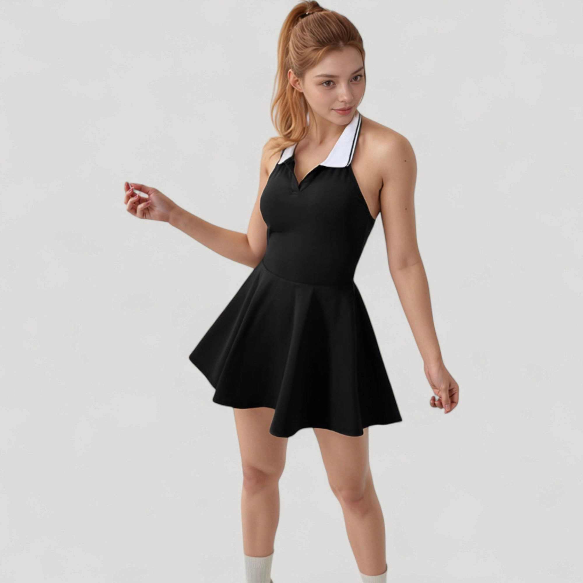 Anna-Kaci Women's Sleeveless Tennis Dress with Polo Collar, Spaghetti Straps and A-Line Skirt