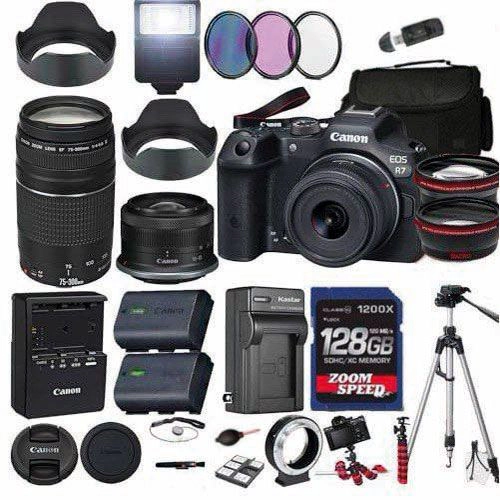 Canon EOS R7 Mirrorless Camera with 18-45mm and 75-300mm Lens + 128 GB Memory + Hood + Spare Travel Charger + Filters +