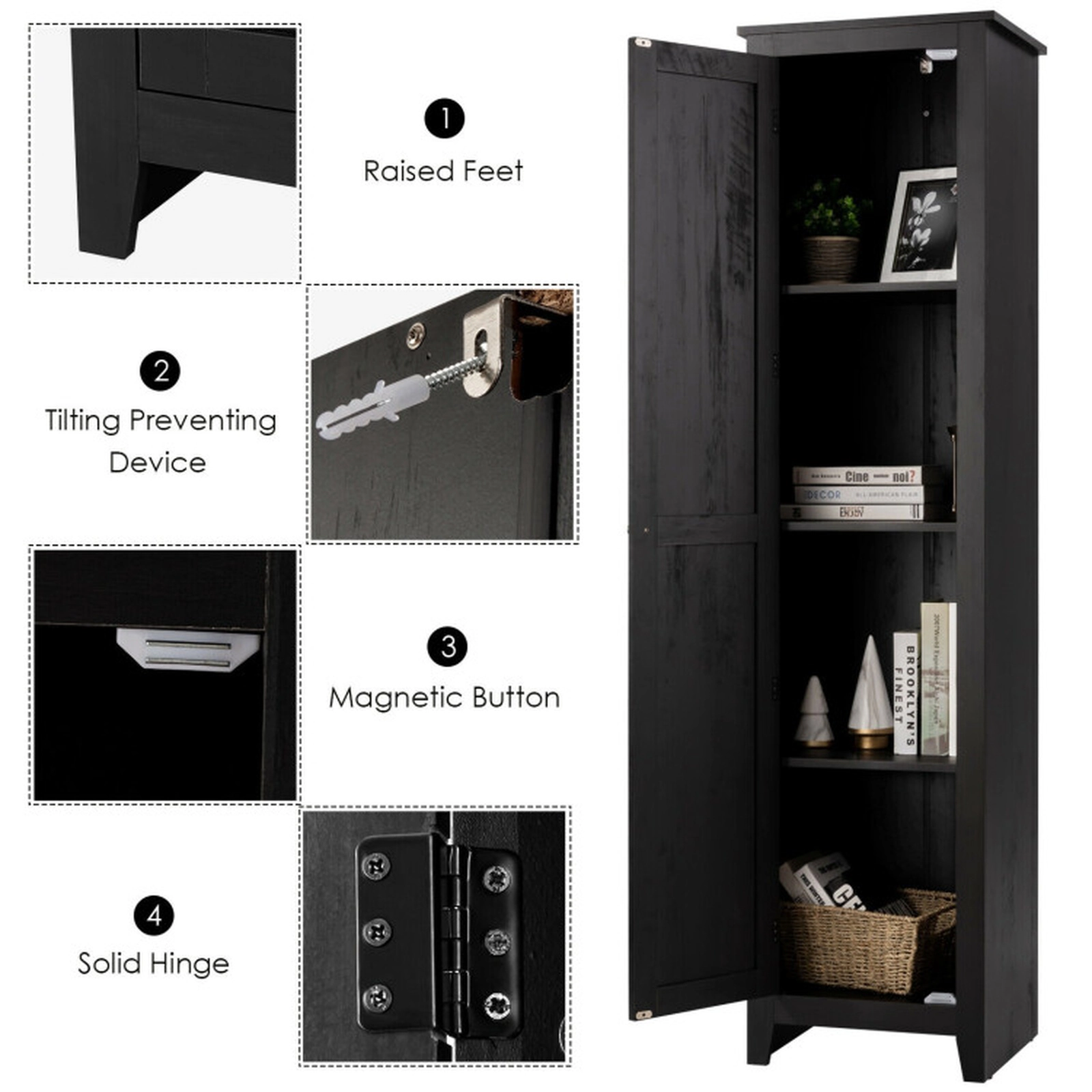 SUGIFT Tall Slim Linen Tower Bathroom Storage Cabinet with 4 Shelves 11-lb Shelf Capacity MDF Particleboard Black
