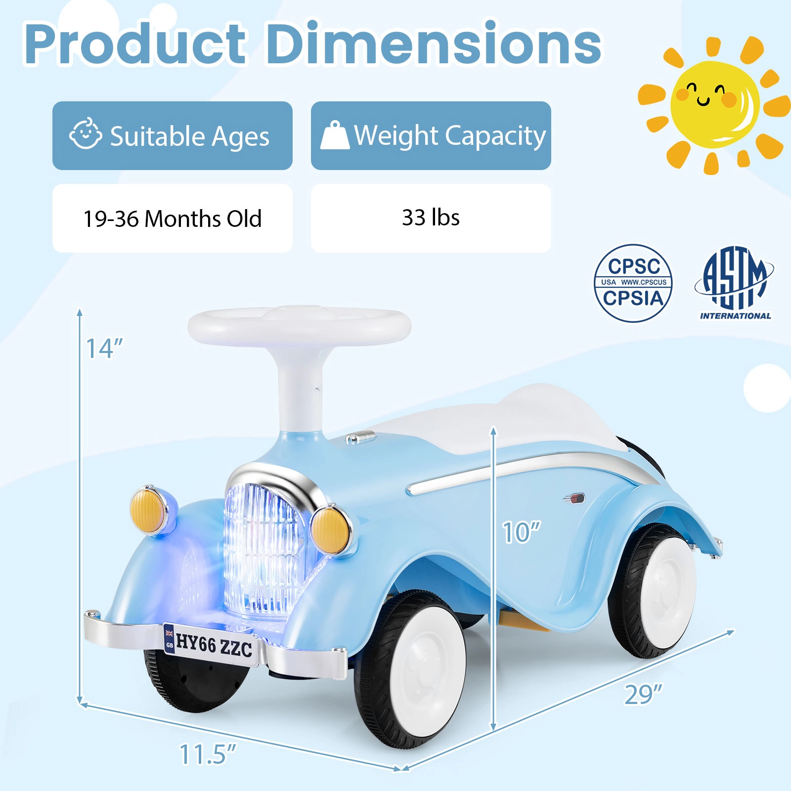 SUGIFT Toddler Ride On Sliding Car with Horn and LED Headlight Foot-to-Floor 33-lb Capacity Ages 19-36 Months Blue
