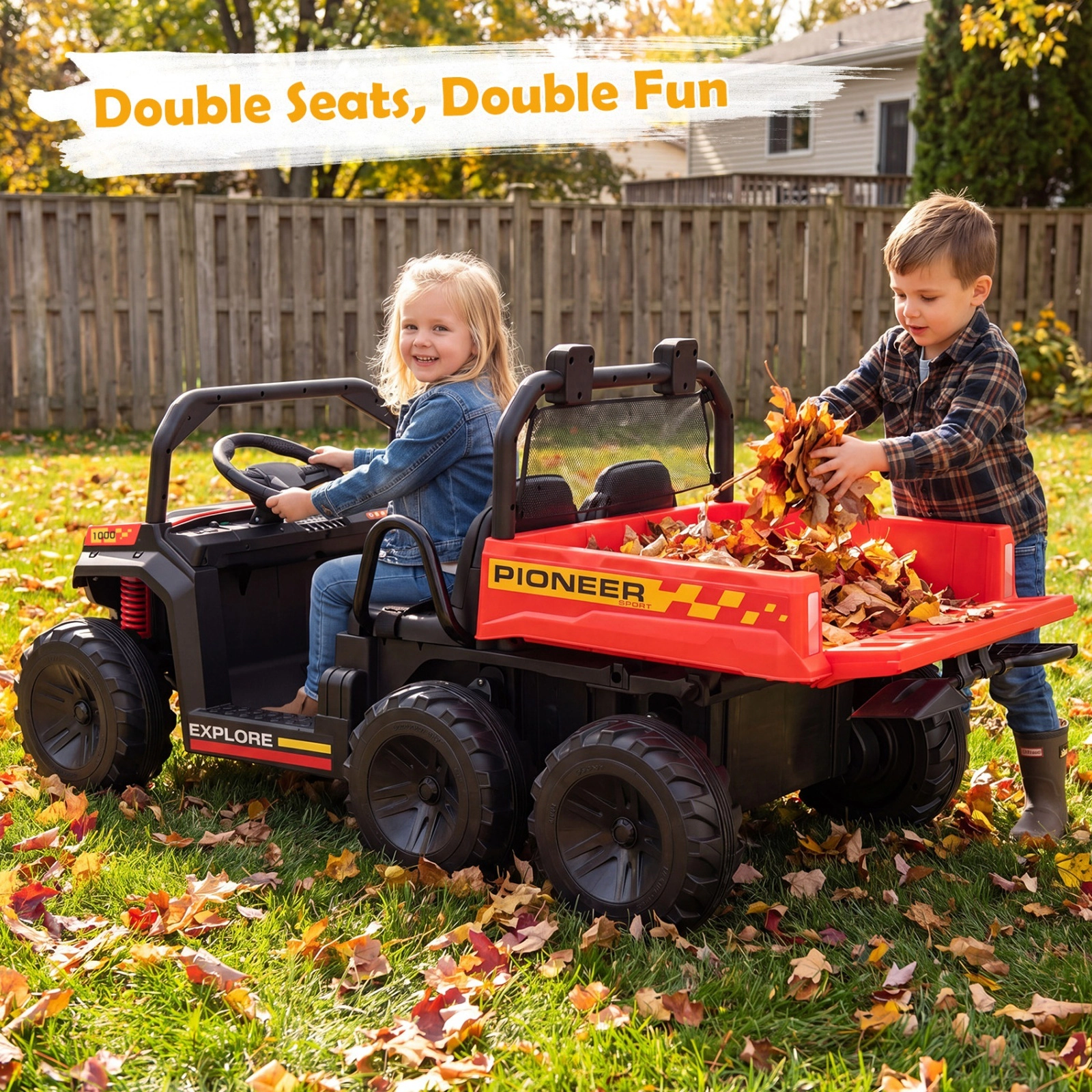 24V 2-Seater Kids Ride On Dump Truck 4WD with Electric Dump Bed Shovel and Parent Remote LED Lights Ages 3-8 Red Toy