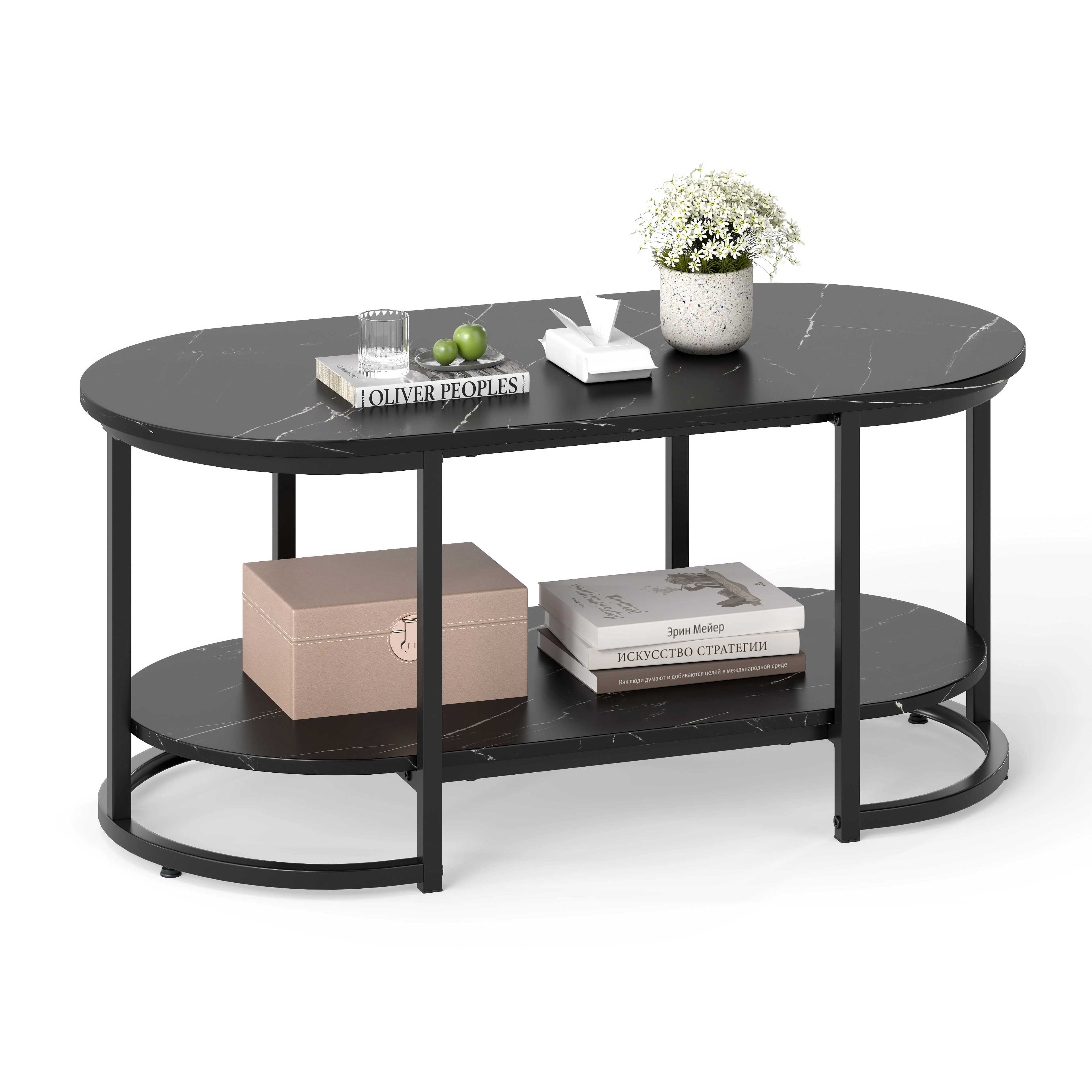 Glintex 2-Tier 39.5-Inch Faux Marble Coffee Table with Metal Tube Frame