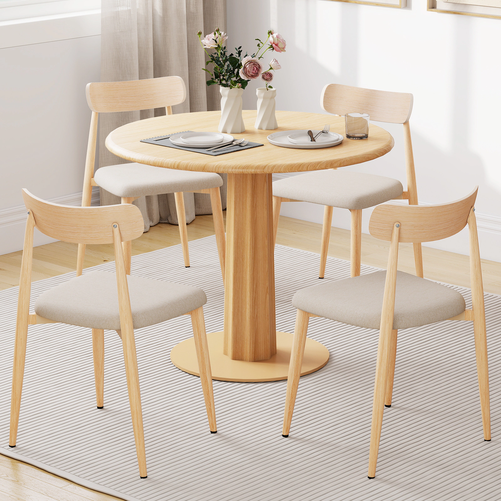 SUGIFT Linen Fabric Upholstered Modern Dining Chair Set of 4 with Padded Seat & Curved Back 340-lb Capacity Oak+Oatmeal