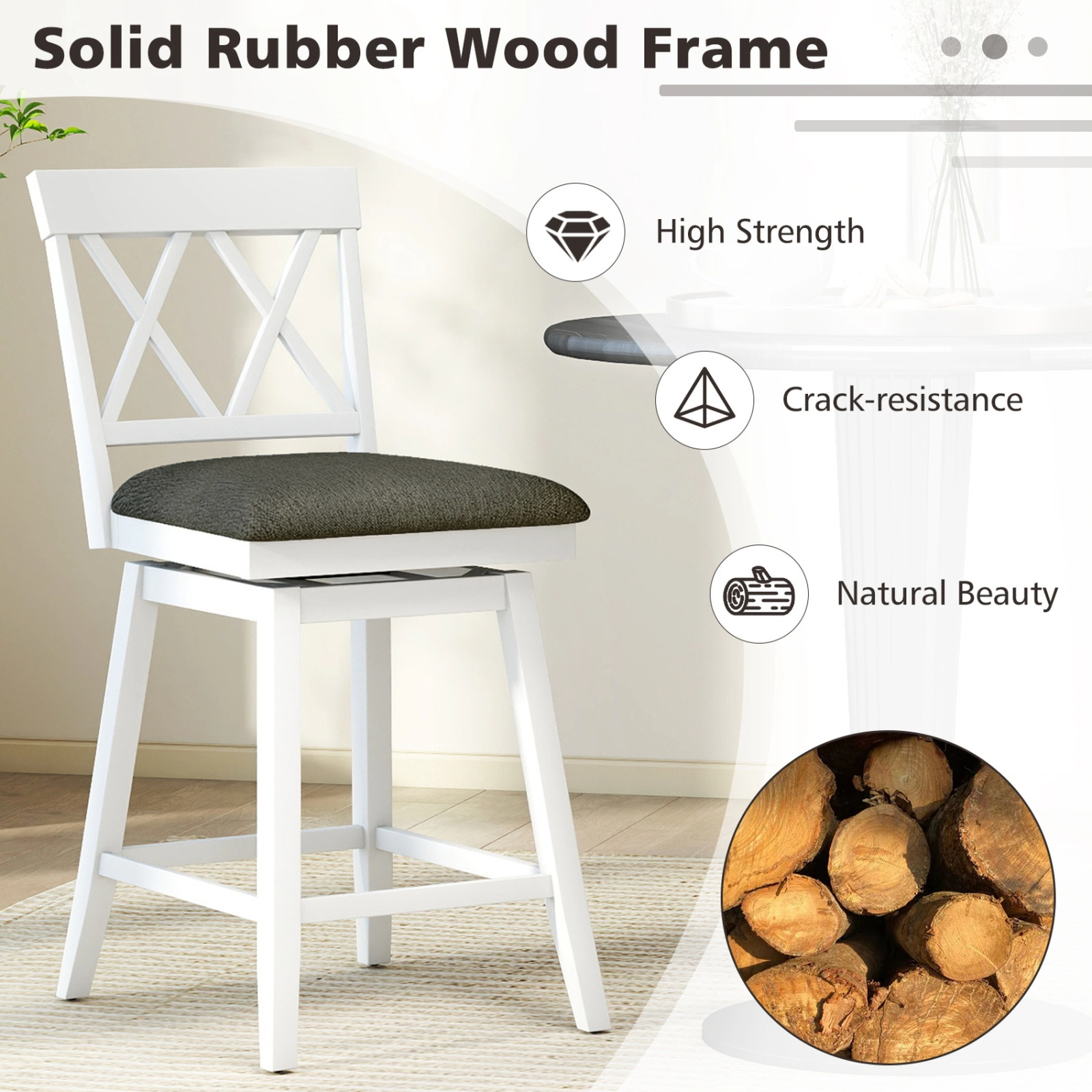 SUGIFT Set of 2 24-Inch Counter-Height Swivel Stools, Linen Cushions, Oak-Finish Frame