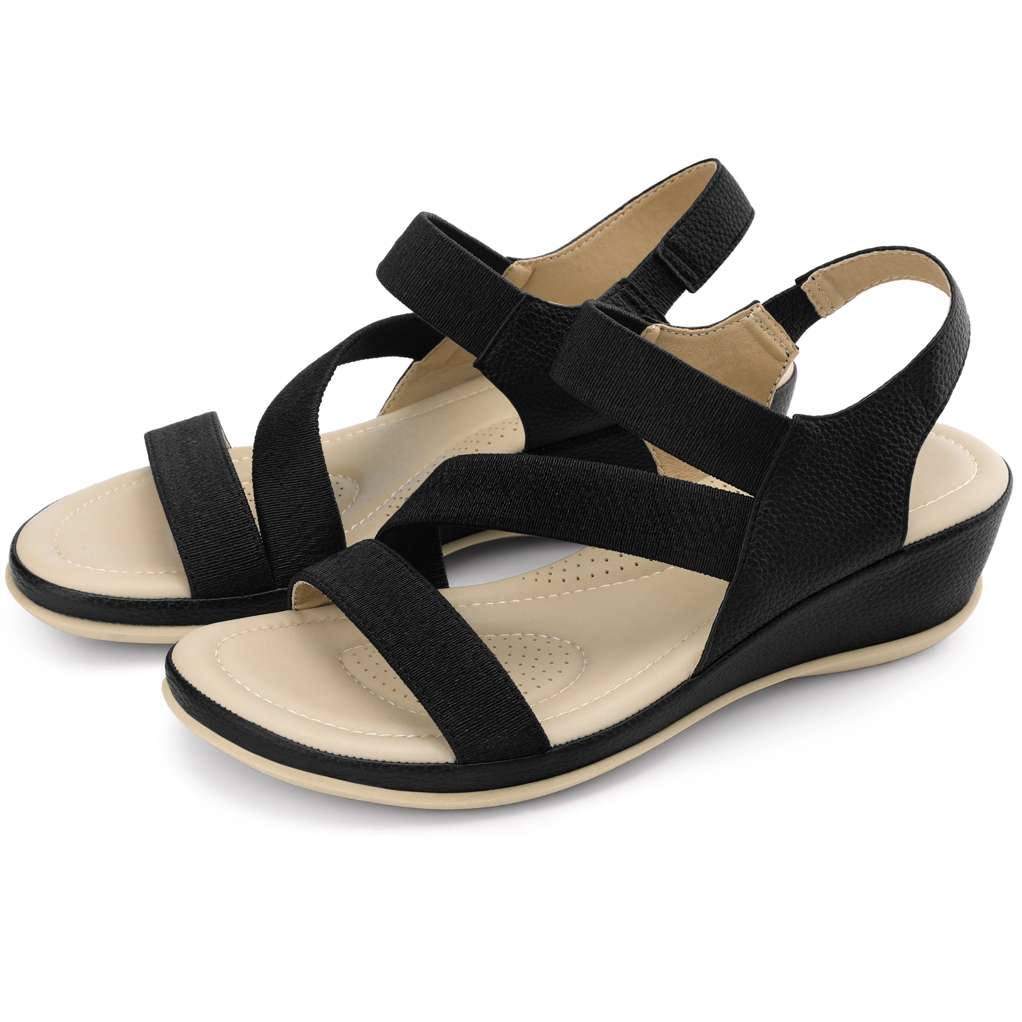 BLISSFUL STEP Women Walking Elastic Strappy Wedge Heel Sandals