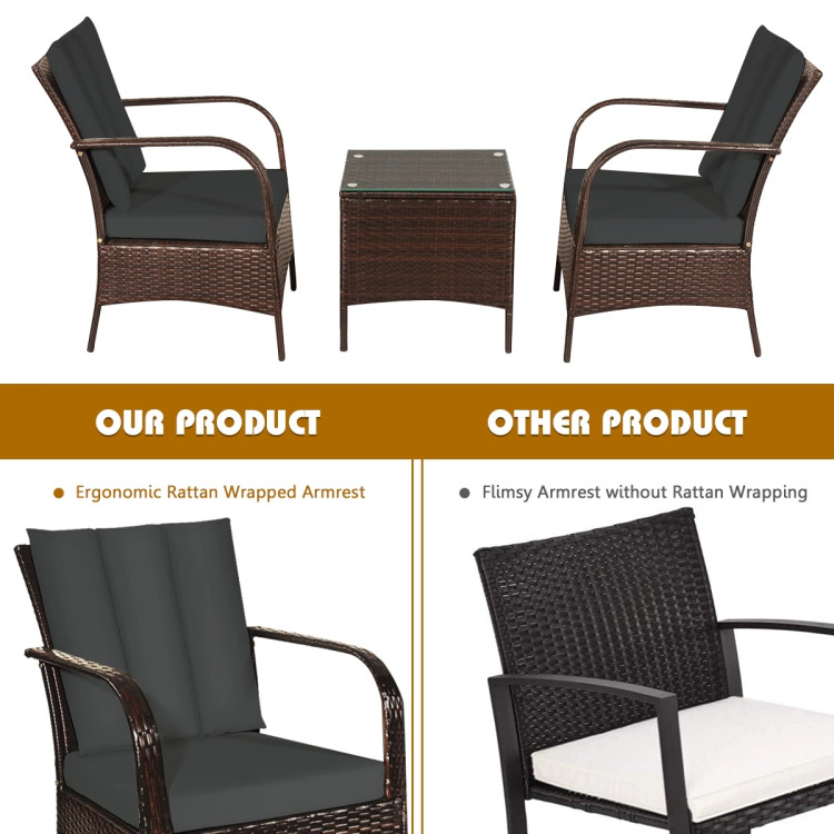 Hivvago 3 Pieces Patio Rattan Conversation Set With Glass Top Coffee Table And Cushions
