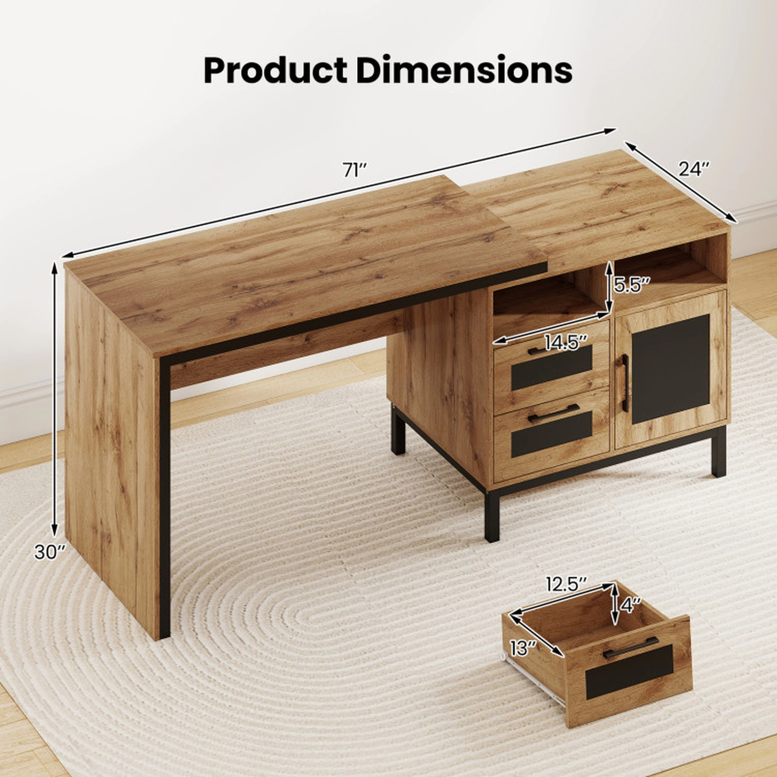 SUGIFT Natural 2 Drawers Open Compartments and Cabinet 71 Inch Executive Computer Desk