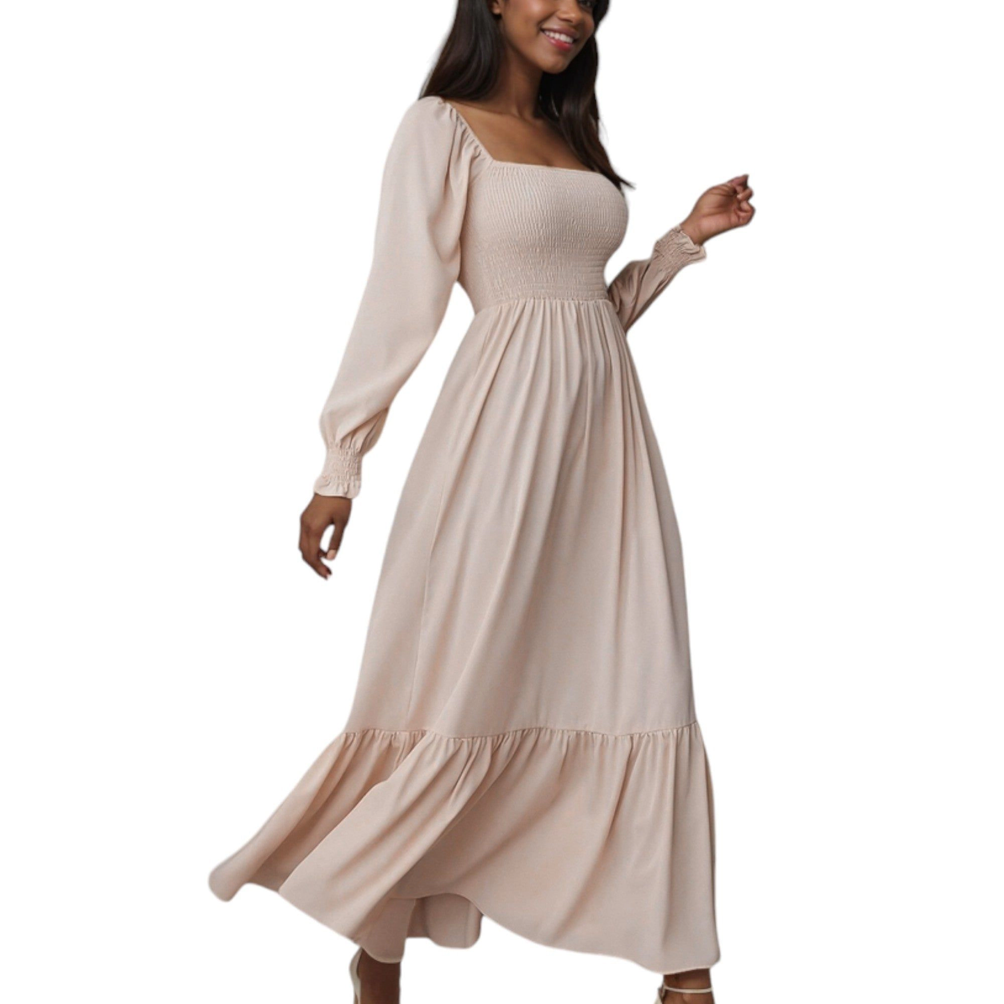Anna-Kaci Women's Square Neck Shirred Ruffle Hem Maxi Dress
