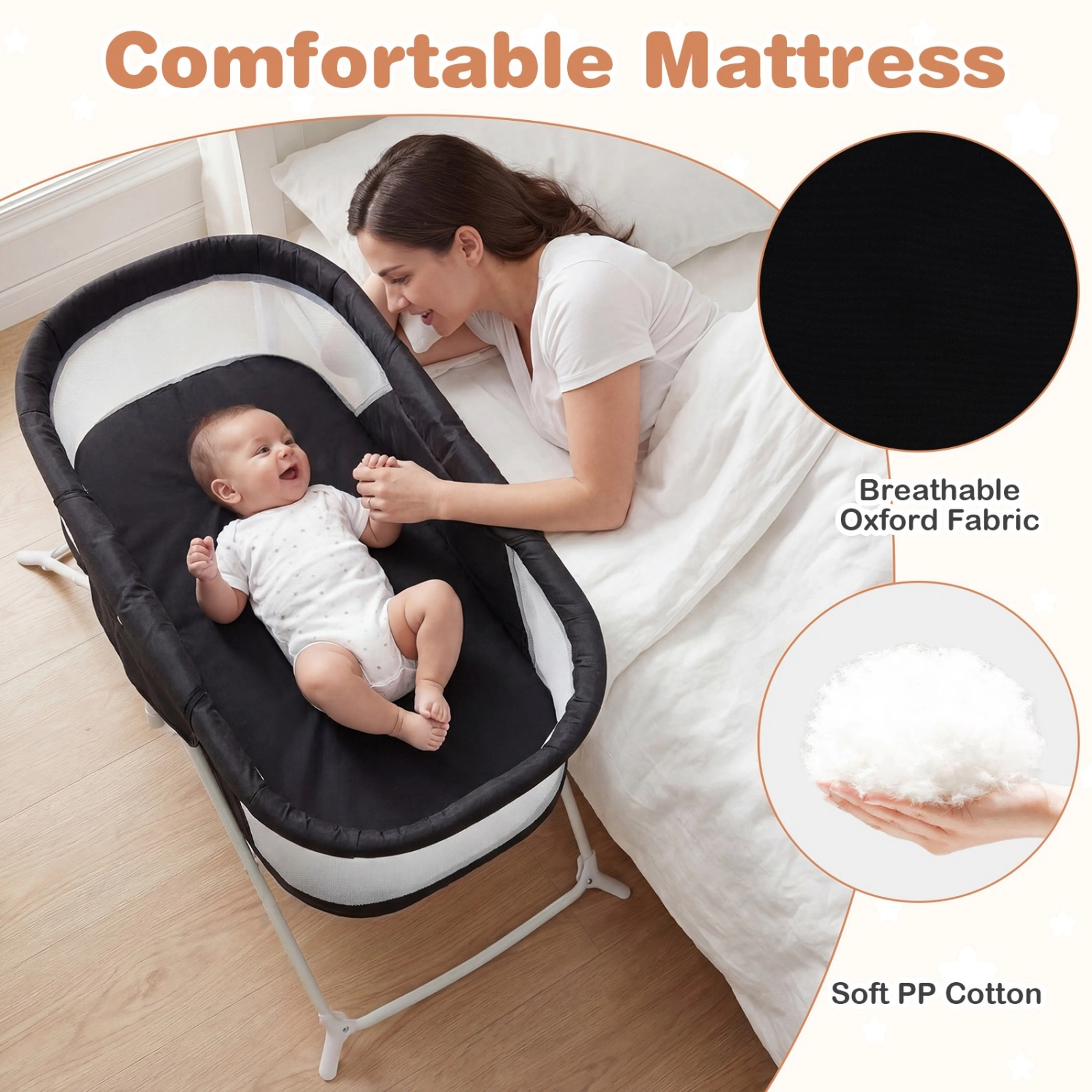 SUGIFT 2-in-1 Rocking and Stationary Baby Bassinet Bedside Sleeper 66-lb Capacity Ages 0-5 Months Black with Mesh Canopy