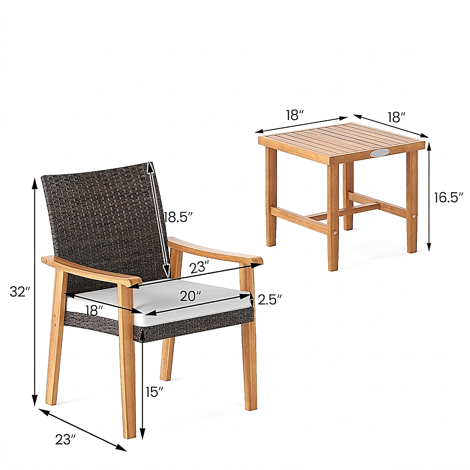 SUGIFT Patio Conversation Bistro Set PE Wicker & Acacia Wood 400-lb Chairs 180-lb Table Off White Cushions Mix Brown