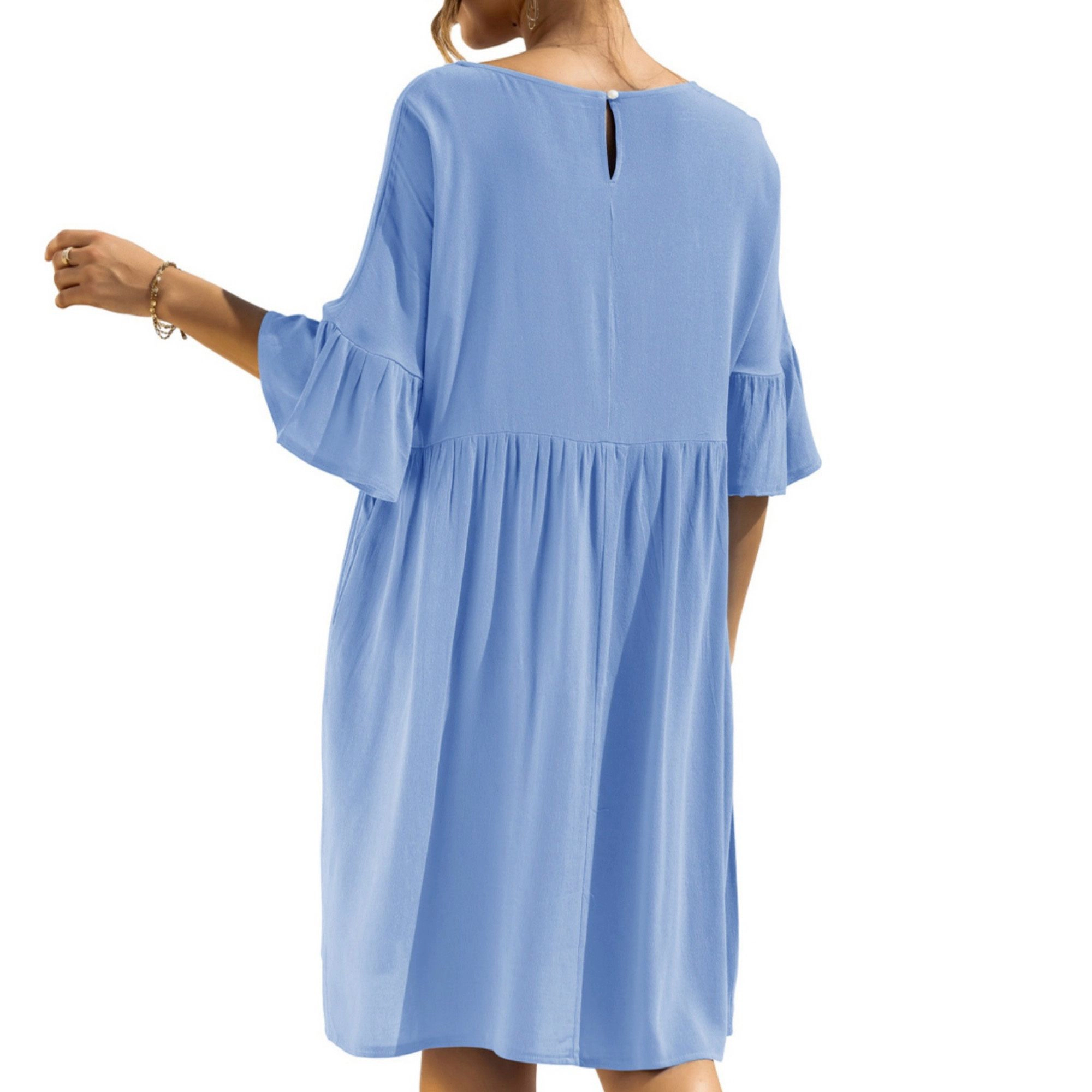 Anna-Kaci Women's Short Sleeve Loose Fit Midi Dress with Ruffle Detail and Side Pockets