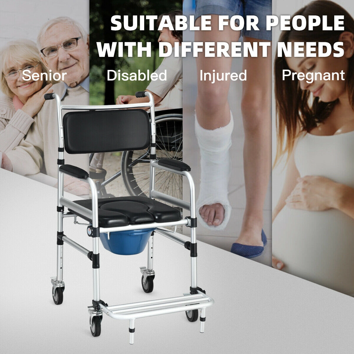 SUGIFT 2-in-1 Commode and Shower Wheelchair, 220 lb Capacity, Locking Casters, Safety Belt