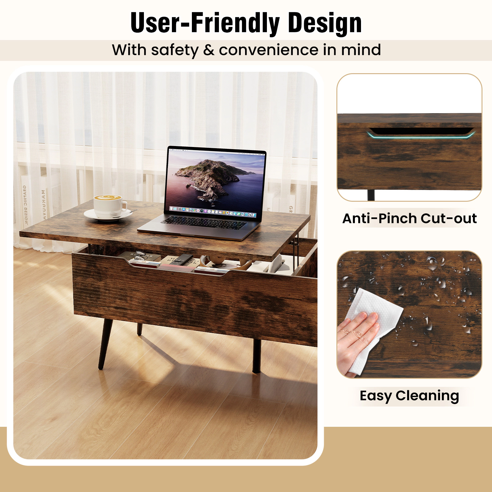 Glintex 47-Inch Dual Lift-Top Coffee Table with 2 Hidden Compartments
