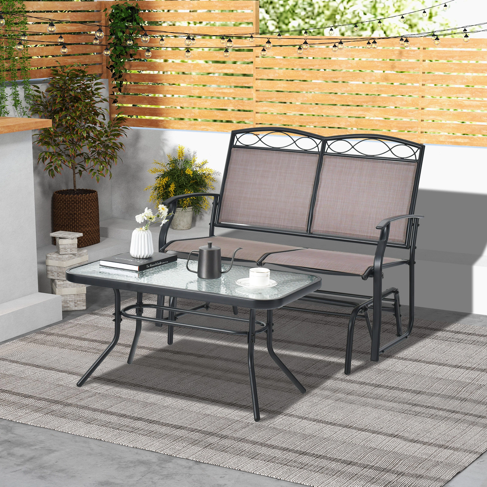 SUGIFT Outdoor Gliding Loveseat Conversation Set with Tempered Glass Coffee Table 800-lb Loveseat Capacity Brown + Black