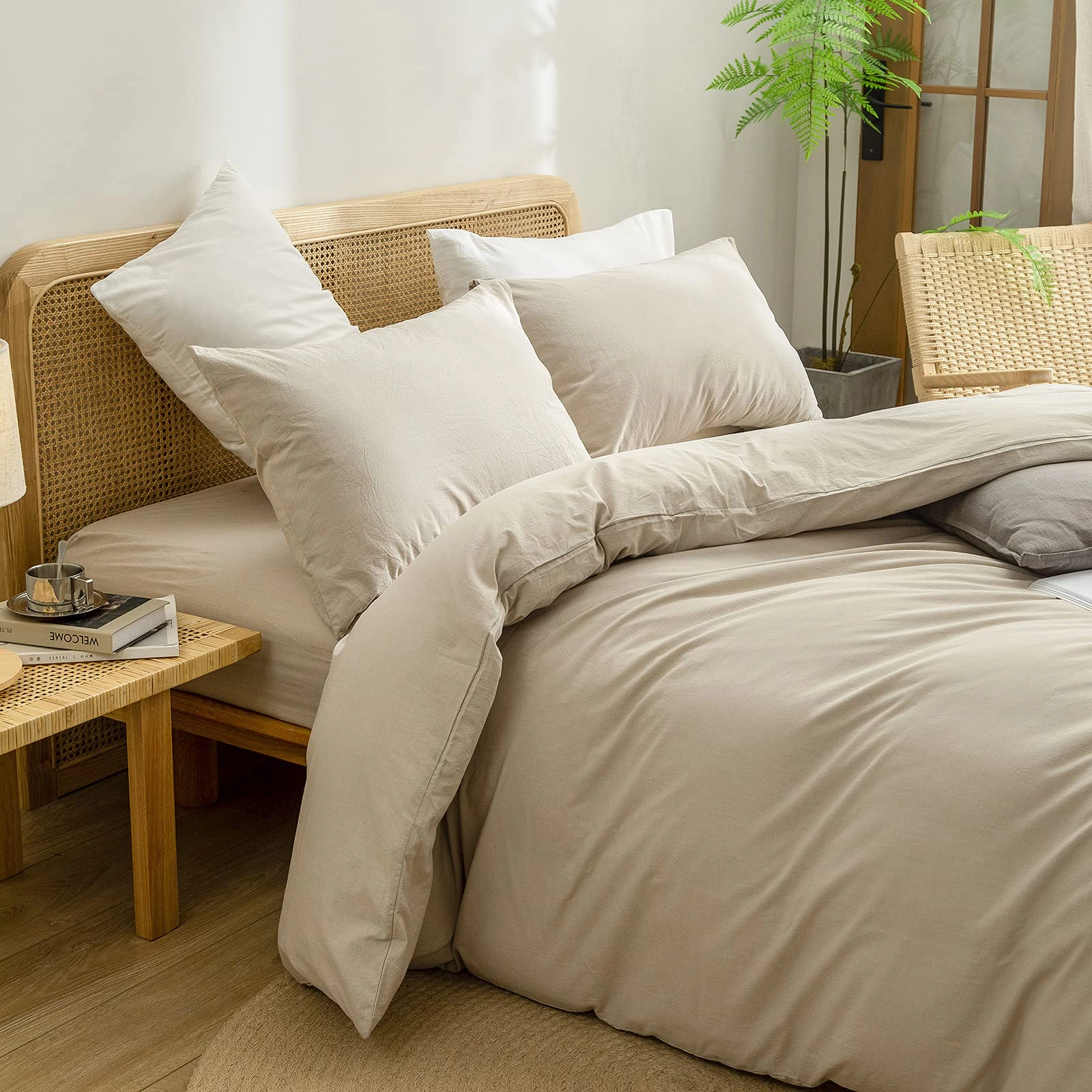 PUPWE Ton Solid Duvet Cover Set Linen Feel Olive Green Queen