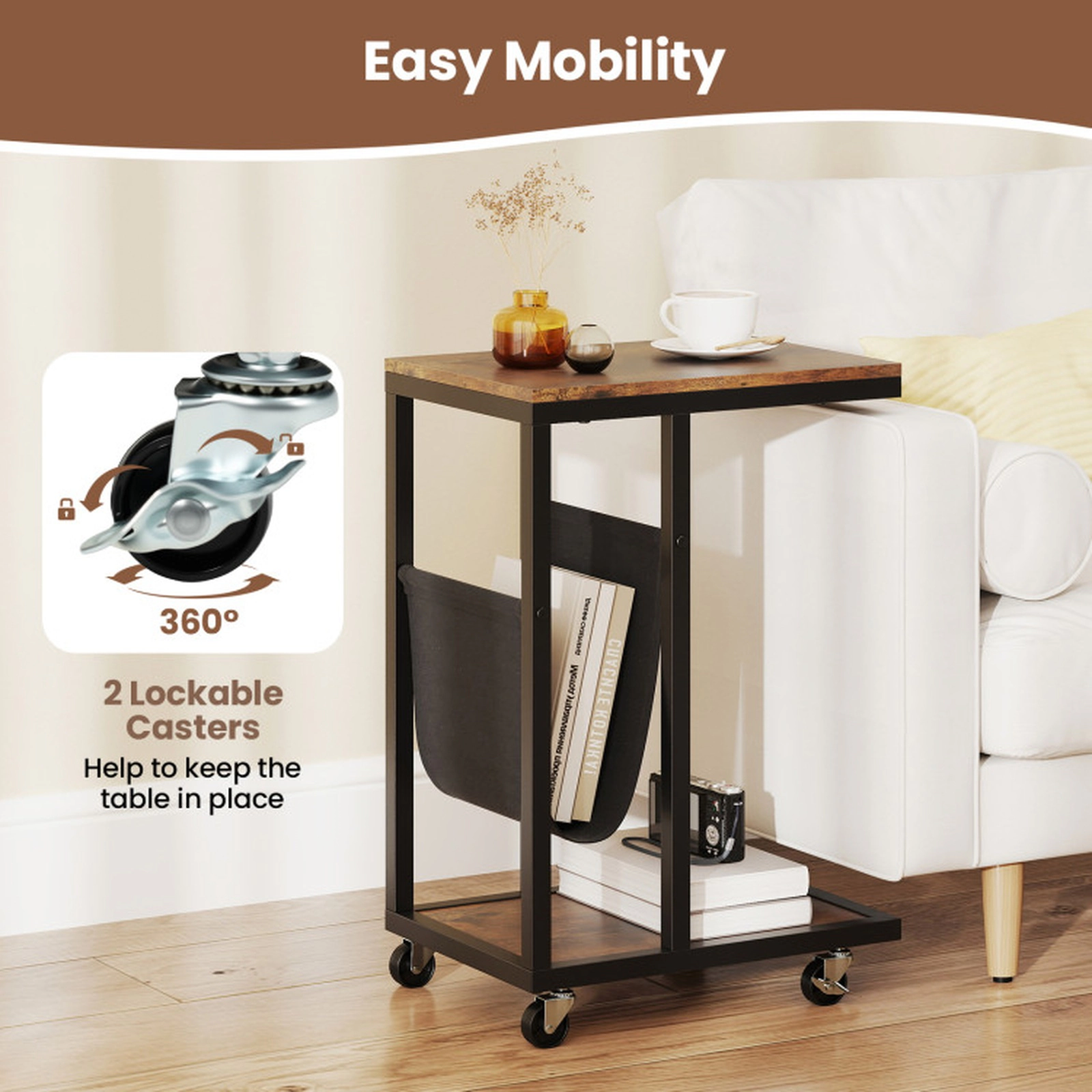 SUGIFT Rolling C-Shaped Side Table with Canvas Pouch, Metal Frame and 4 Casters
