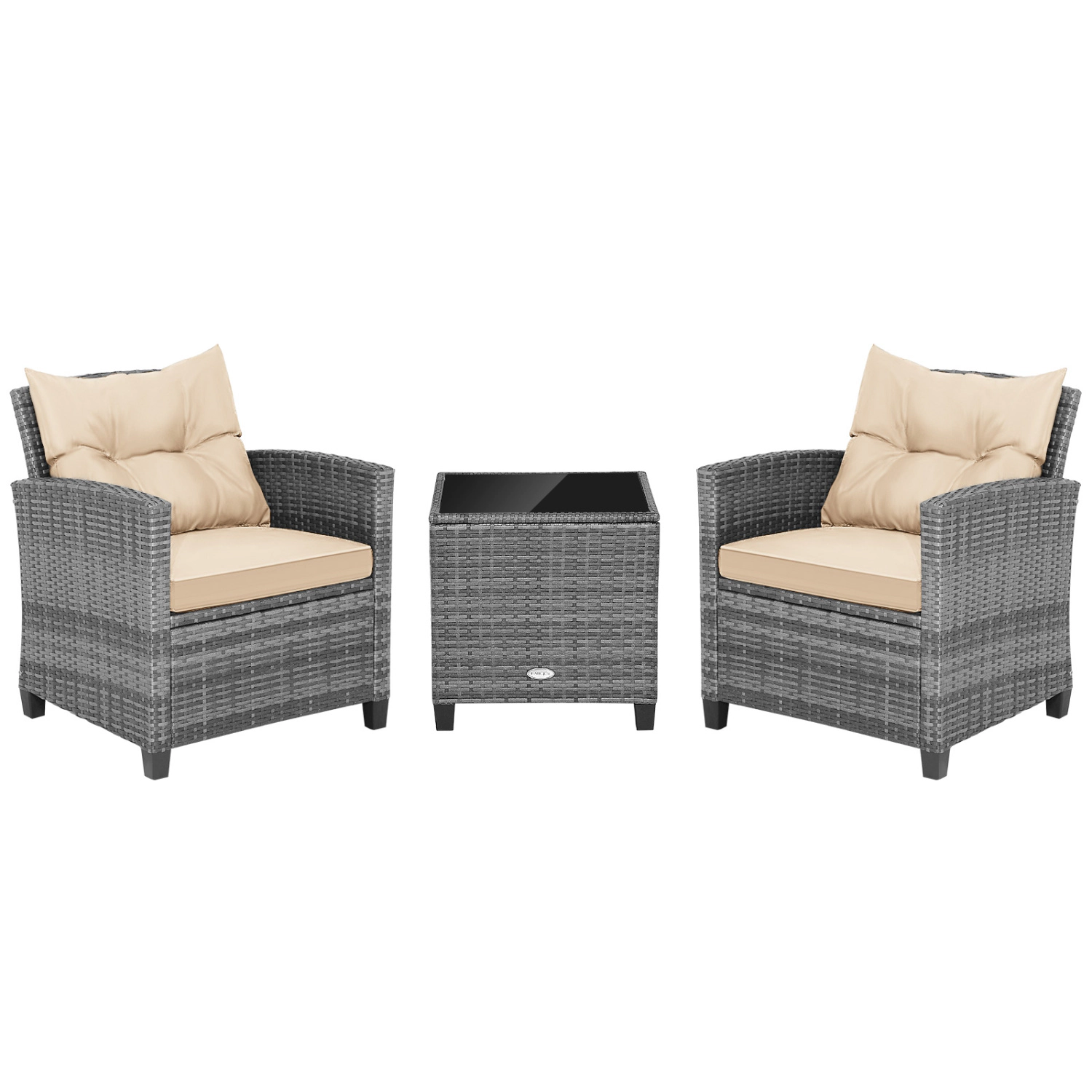 LJG 3 Pieces Outdoor Wicker Conversation Set with Tempered Glass Tabletop