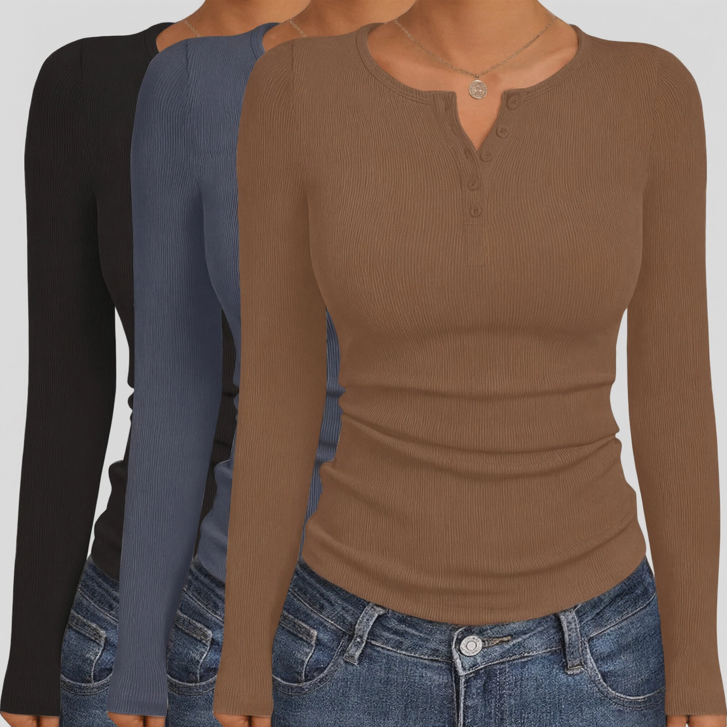 Ekouaer Women's Henley Neck Long Sleeve Ribbed Knit Slim Fit T-Shirt