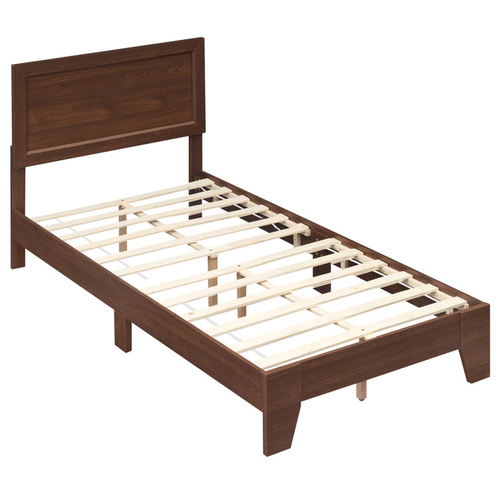 SUGIFT Twin Size Platform Bed Frame with Mid-Century Headboard 500-lb Capacity White/Walnut