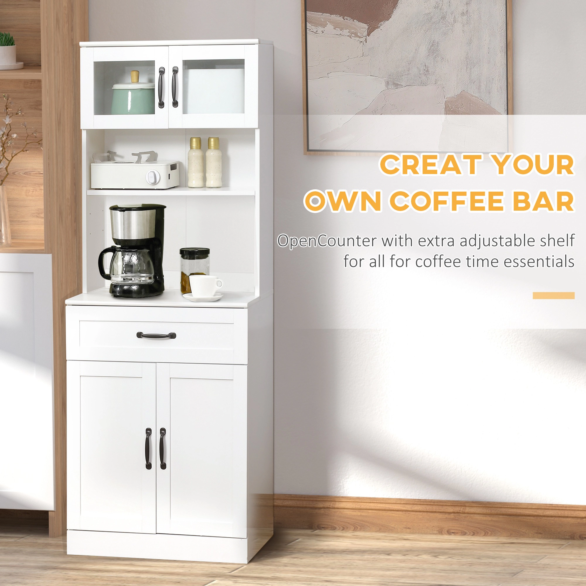 HONGGE 63.5-Inch Freestanding Kitchen Pantry, 4-Door Buffet Cabinet with Hutch and Coffee Bar Shelving, White