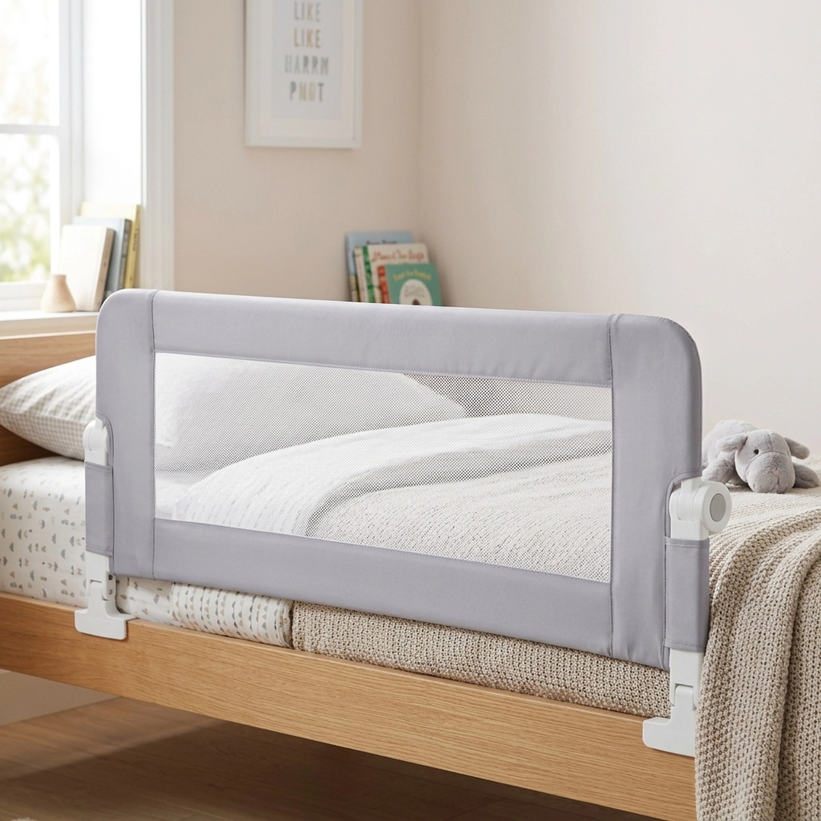 47-in Foldable Bed Rail for Toddlers Swing Down Bed Guard with Adjustable Strap Washable Cover Tool-Free Install White