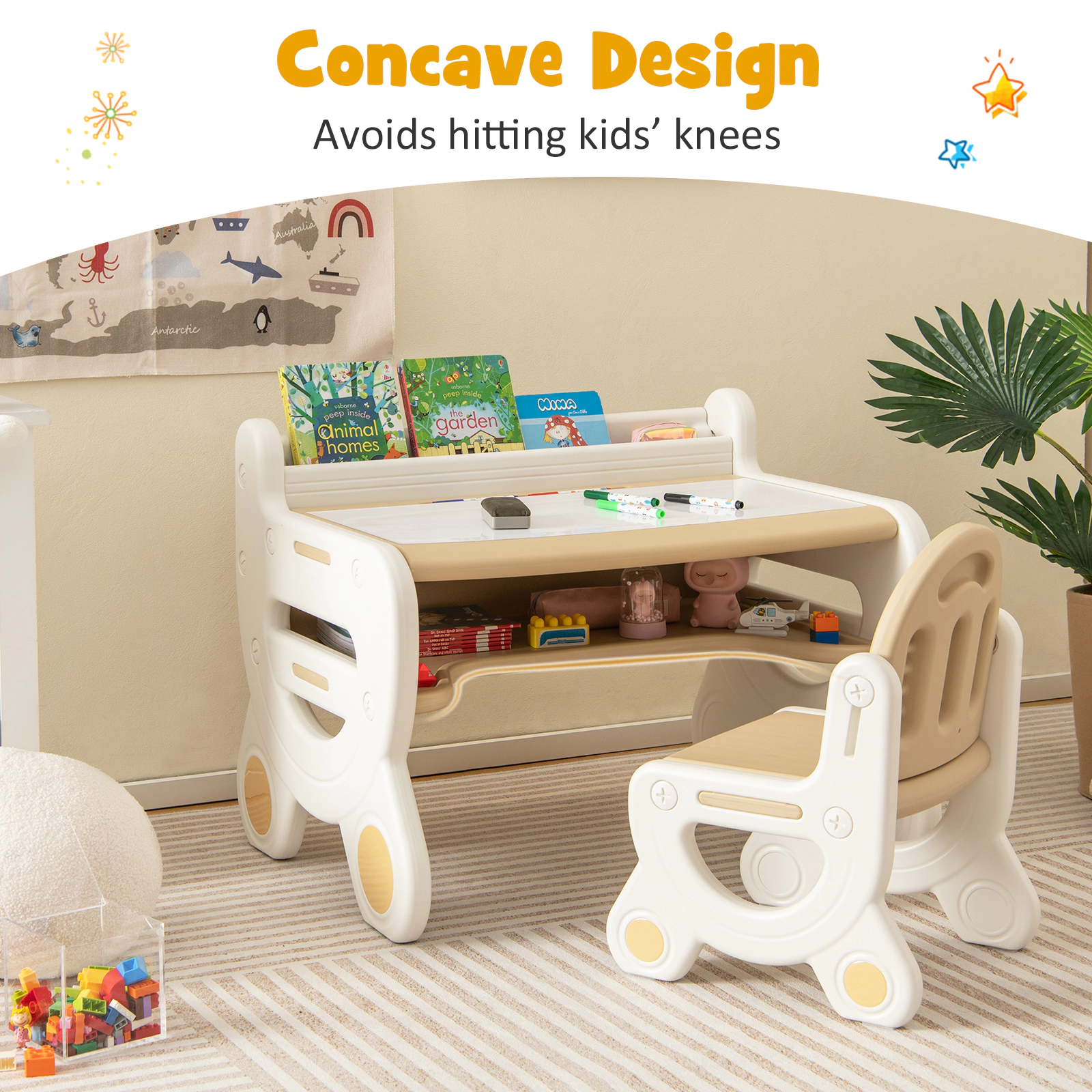 SUGIFT Kids Drawing Table and Chair Set with Watercolor Pens and Blackboard Eraser 66-lb Table 3-8 Years Brown