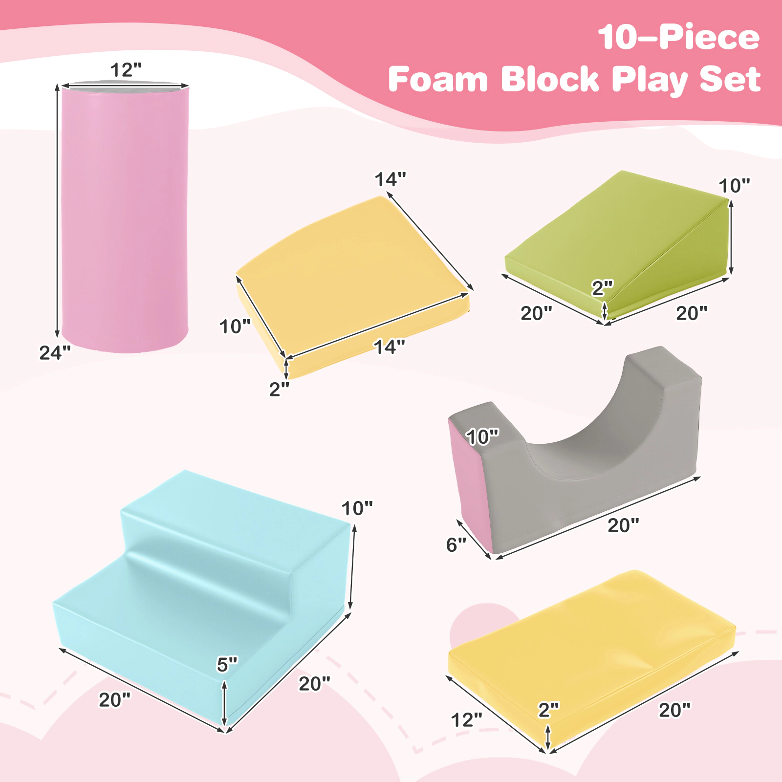 10-Piece Foam Climbing Toys for Toddlers PU Leather Soft Building Blocks with Hook and Loop Fasteners Ages 1-3 Yellow