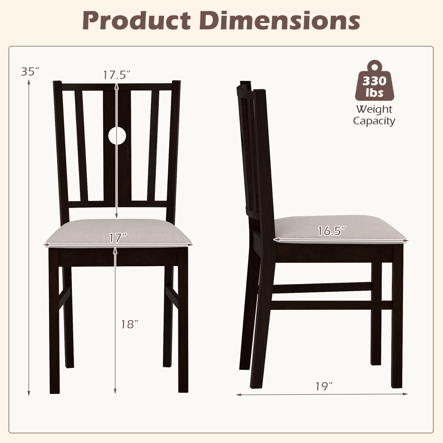 LJG Set of 2 Rubber Wood Kitchen Chairs with Fabric Padded Seat