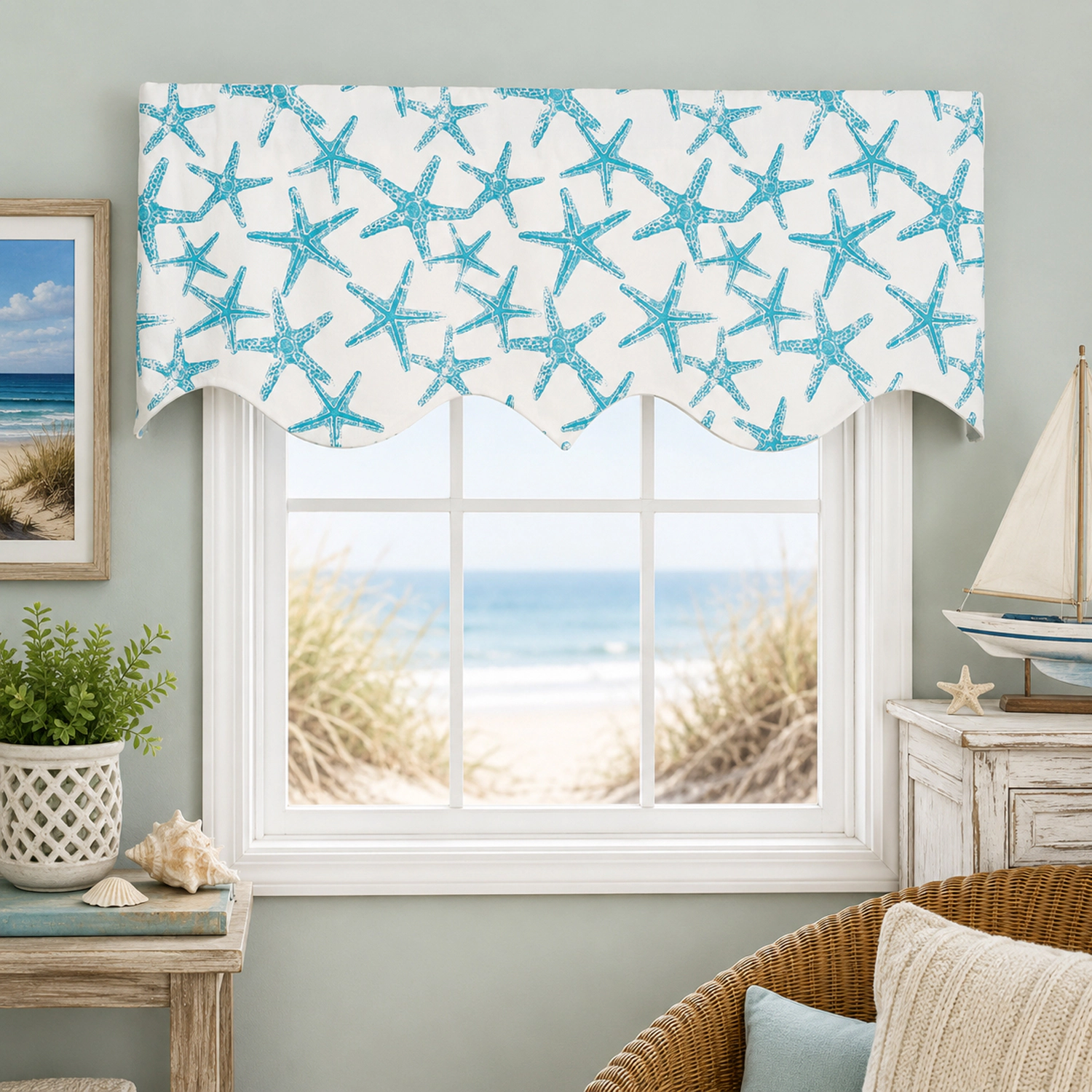 RLF Home 100% Cotton StarFish Regal With Ivory Lining Rod Pocket Window Valance 50" x 17" Aqua