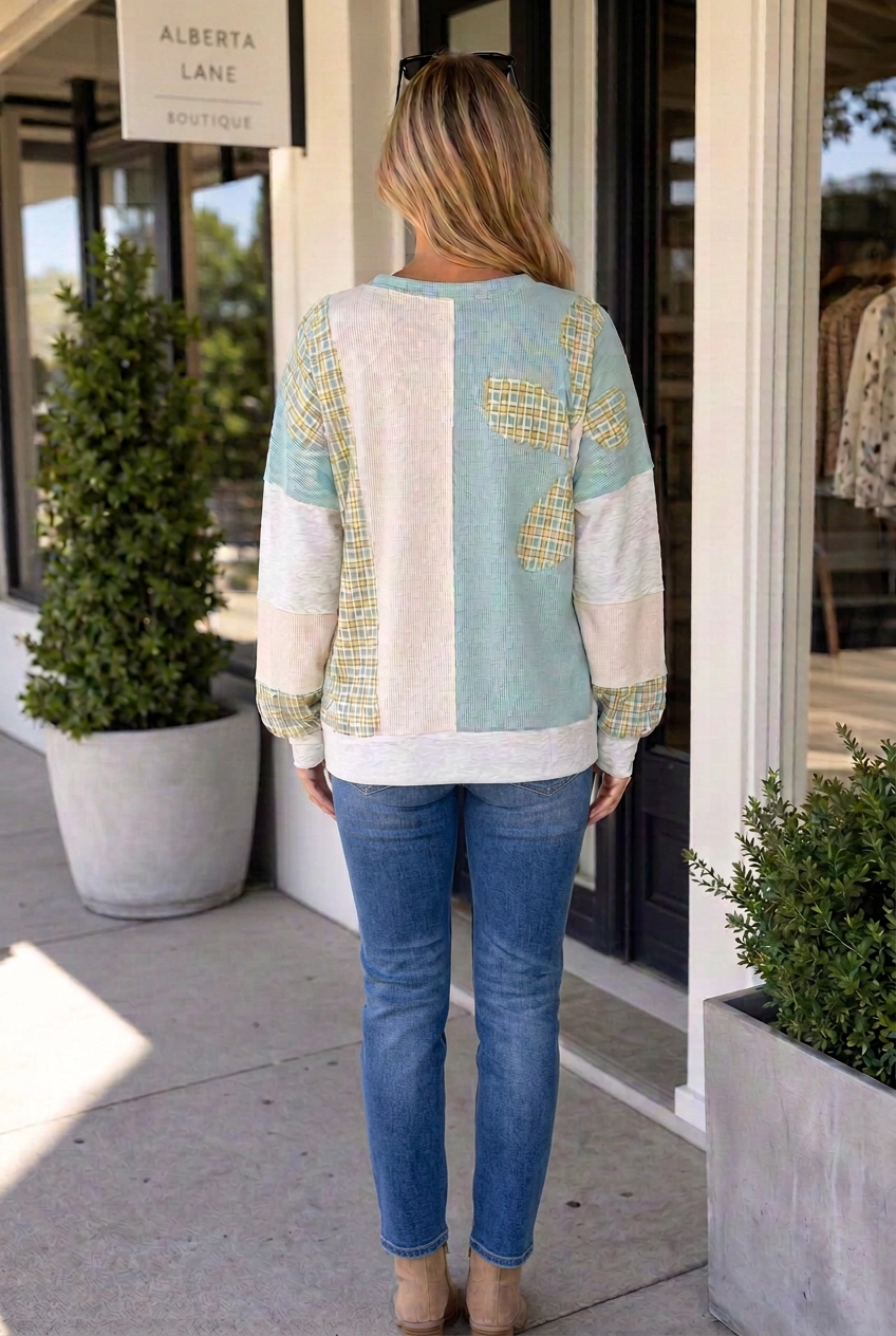 Threaded Pear Women's Belinda Light Plaid Patchwork Long Sleeve Top