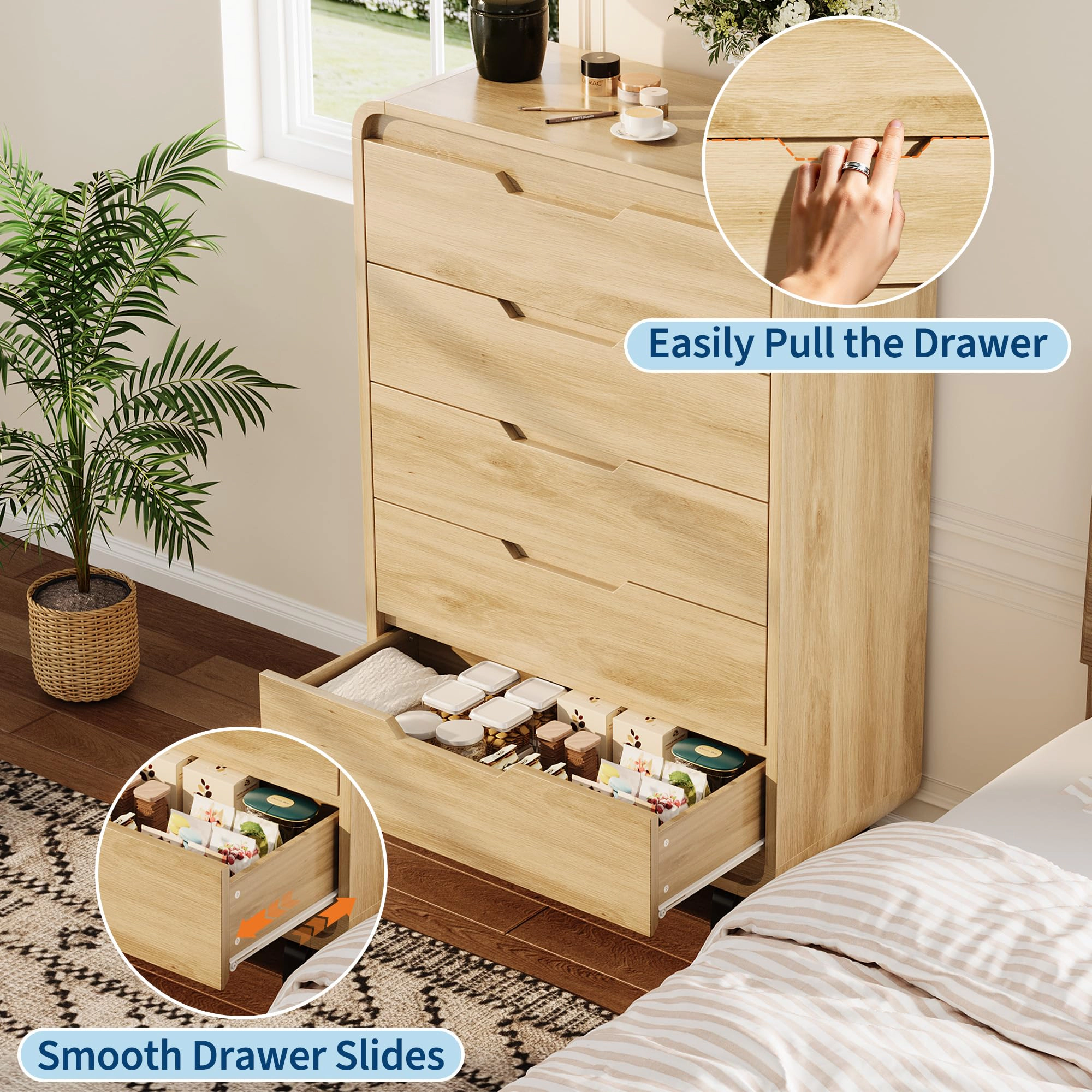 48" Tall 5 Drawer Wood Dresser with Handleless & Detachable Legs, Modern Storage Chest