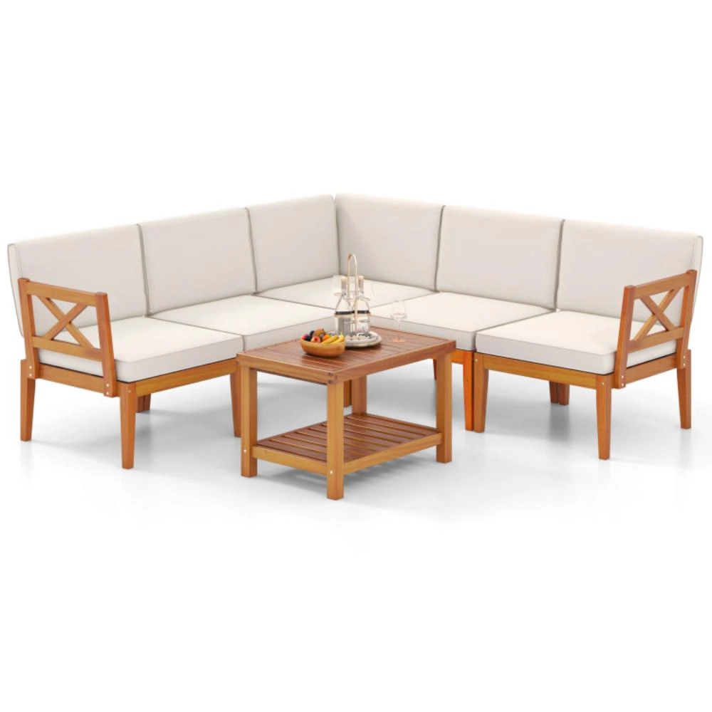Hivvago 6 Pieces Acacia Wood Patio Furniture Set With Cushions And 2-Tier Coffee Table-White