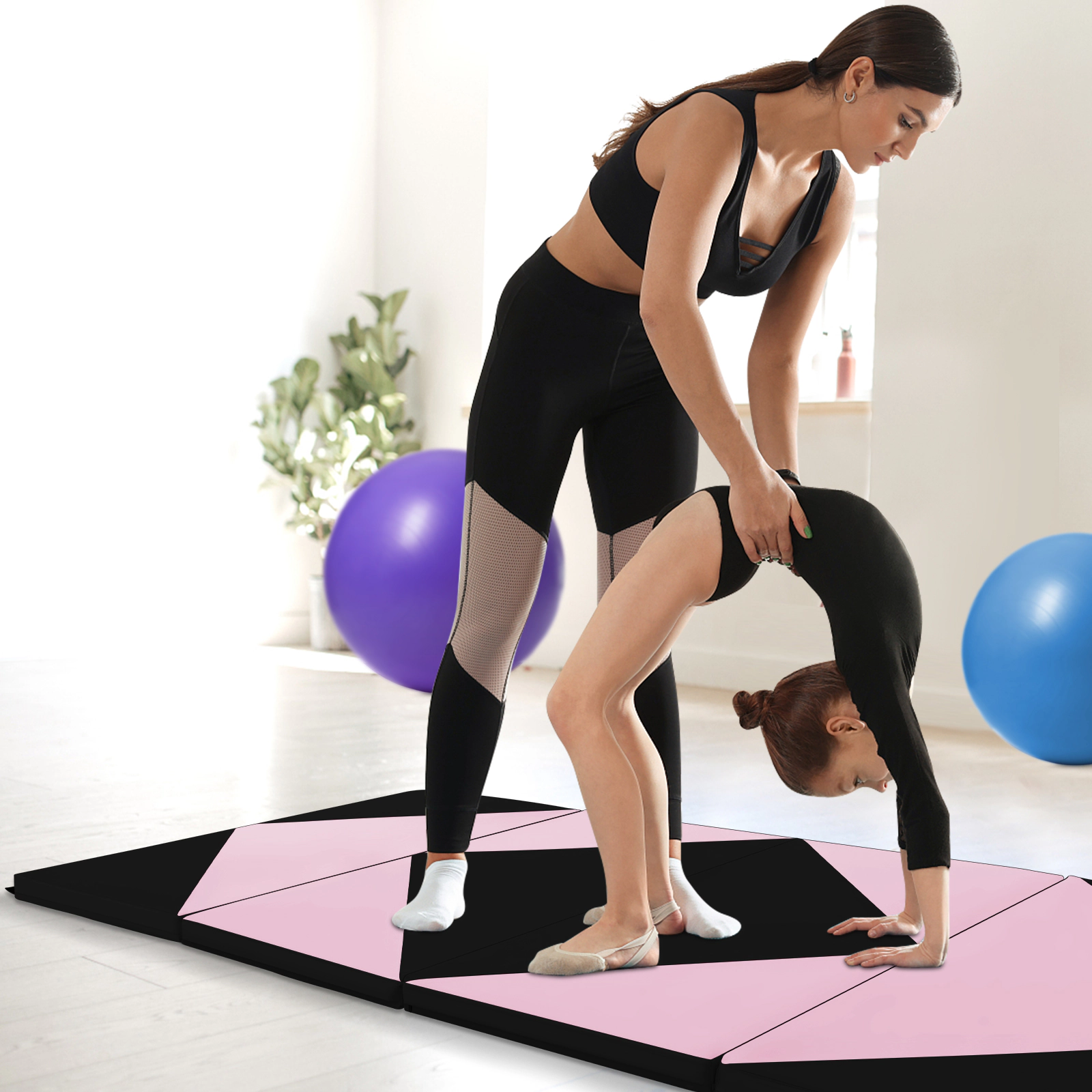 SUGIFT Black 4-Panel Folding Gymnastics Tumbling Mat with Hook and Loop Fasteners 8-ft W 4-ft D 2-in H