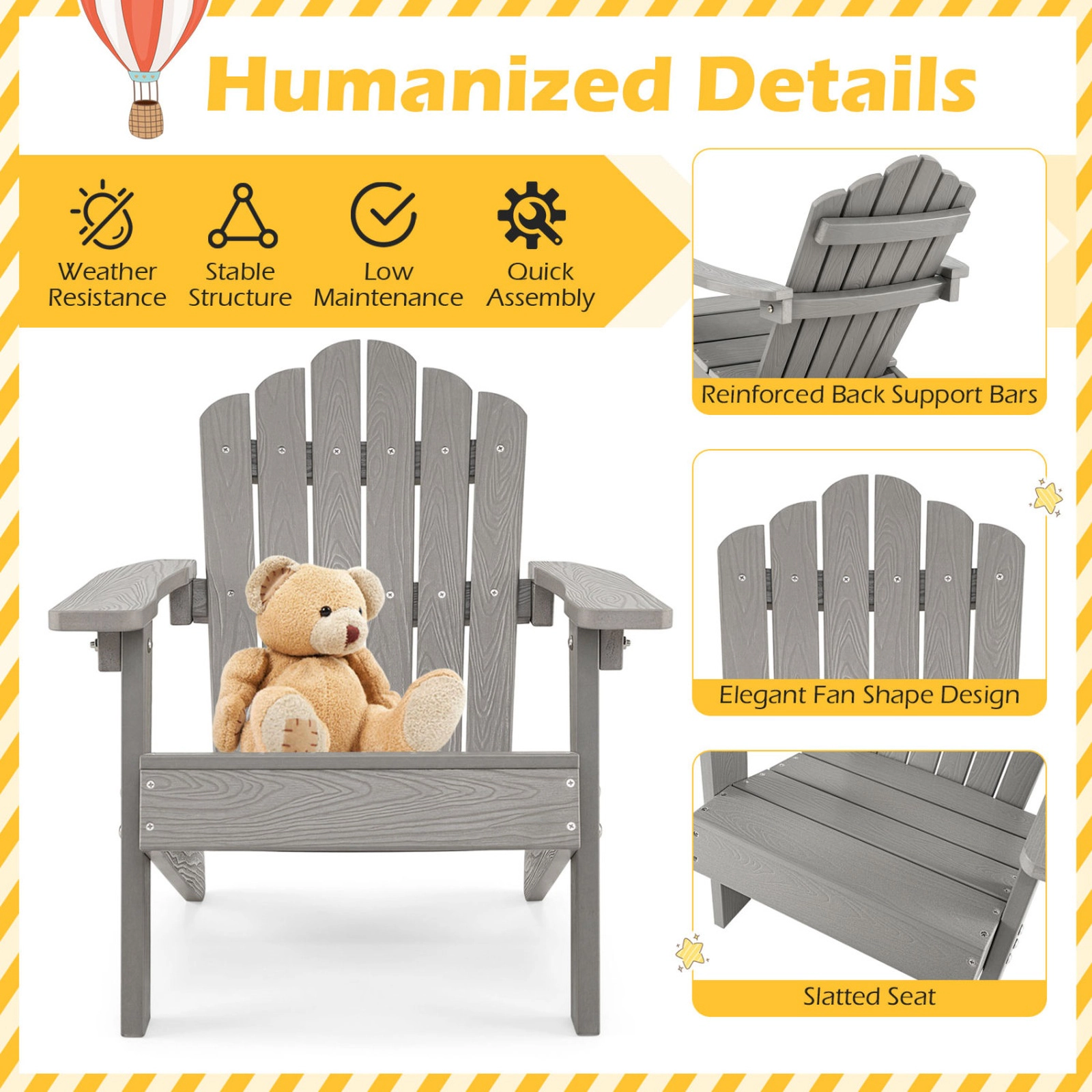 SUGIFT Tilted High Backrest All-Weather Outdoor Kids Adirondack Chair