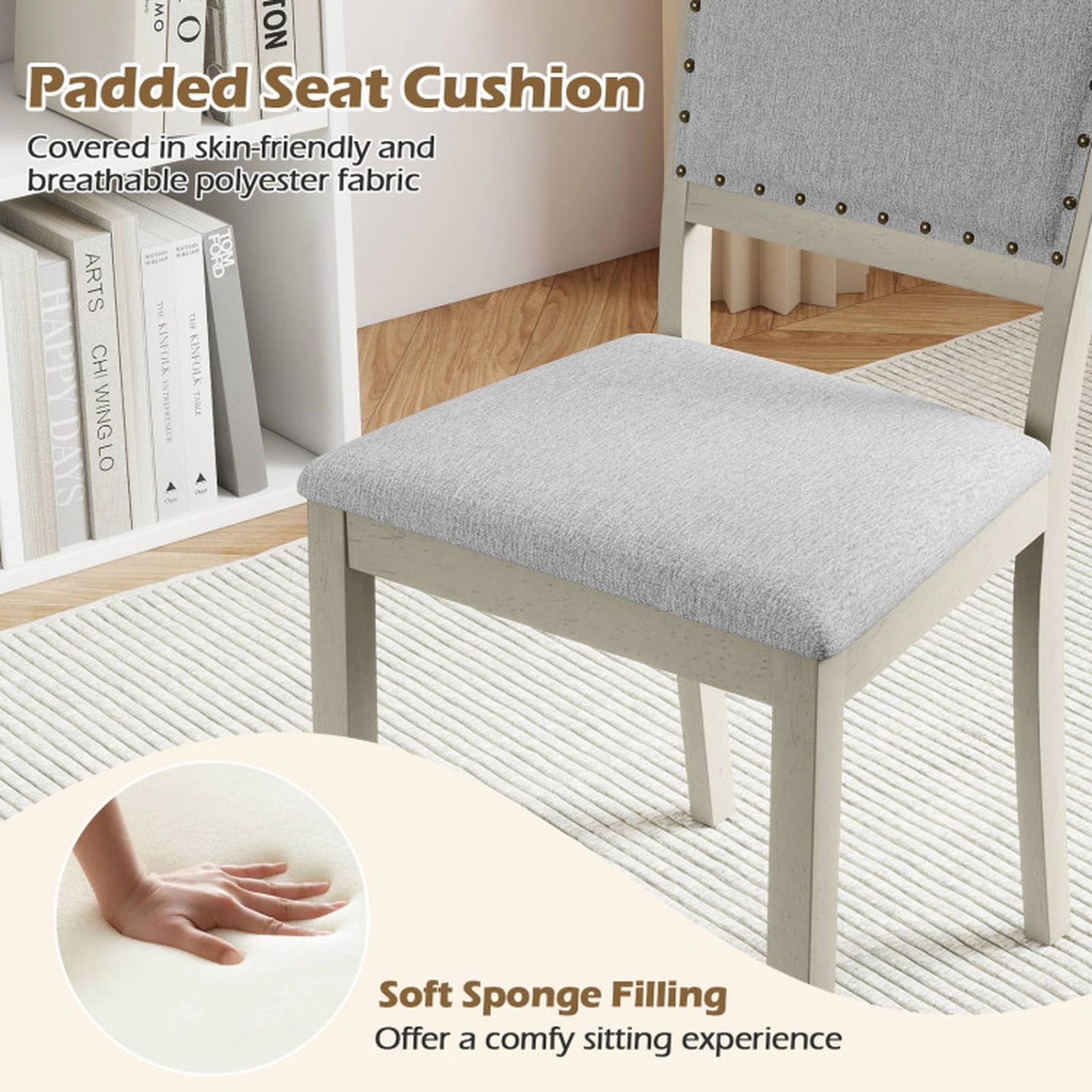 SUGIFT Farmhouse Fabric Upholstered Dining Chair Set of 2 with Nailhead Trim 400-lb Capacity Gray