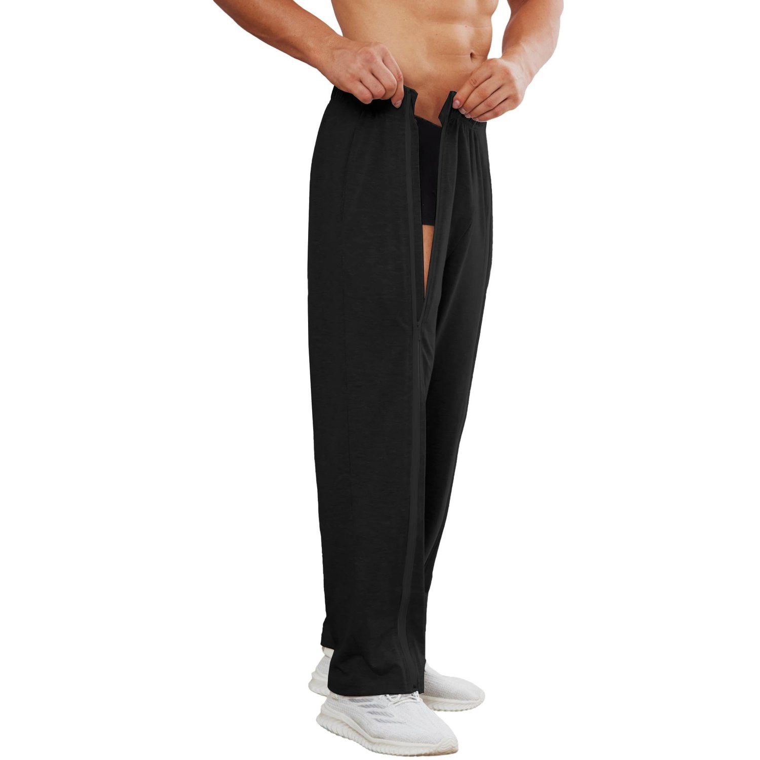 Pinspark Mens Solid Wide Leg Track Pants Elastic Waist Snap Side Slit Casual