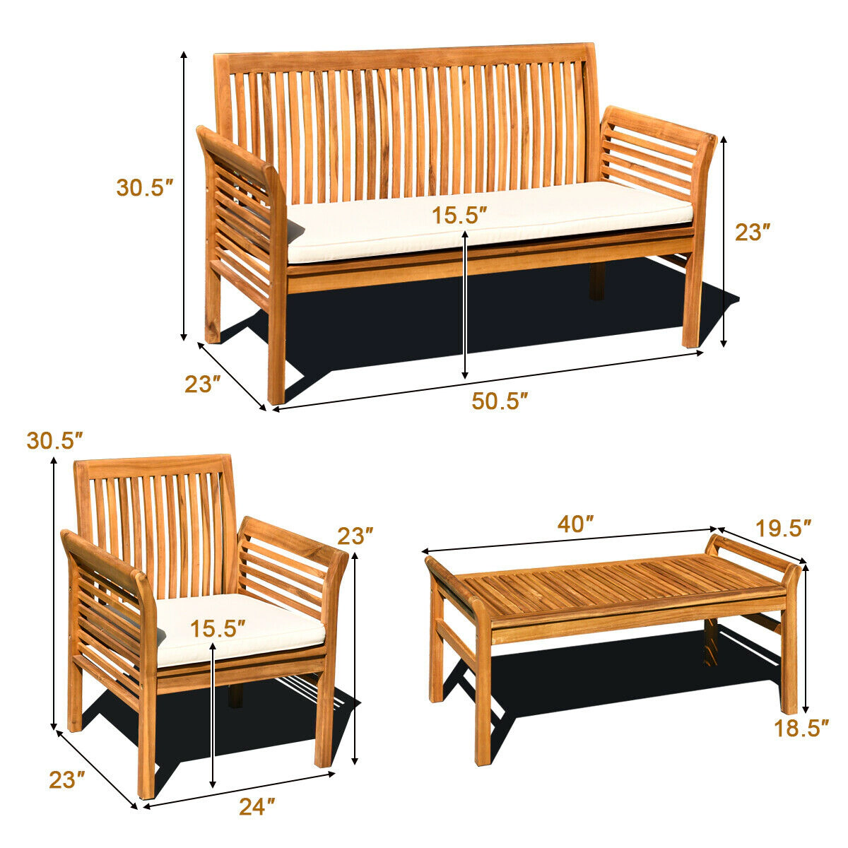 SUGIFT Natural Loveseat and Coffee Table 4-Piece Outdoor Acacia Wood Sofa Set