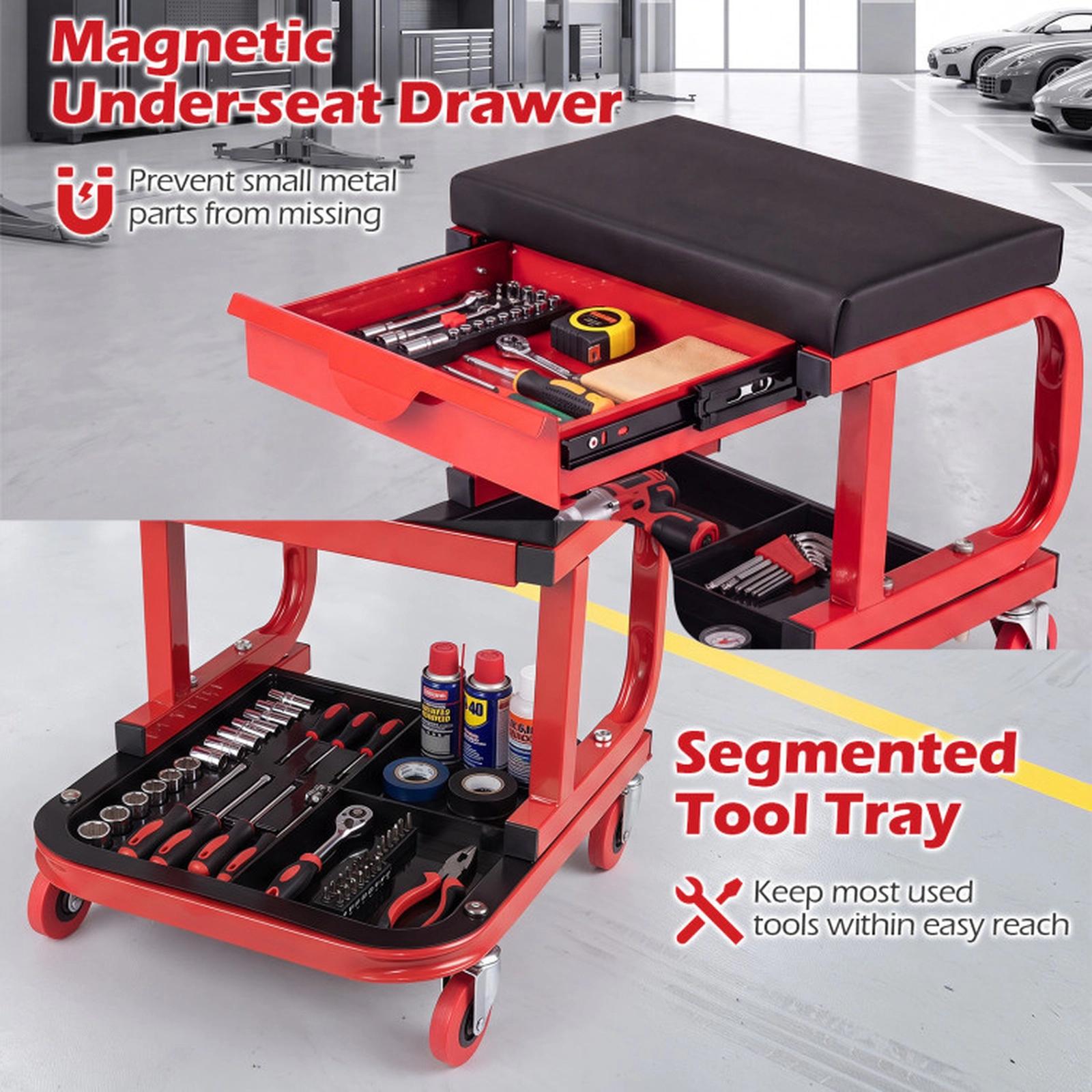 SUGIFT Mechanic Rolling Stool with Tool Trays and Magnetic Drawer 330-lb Capacity 17.5-in Frame with 14 x 9-in Seat Red
