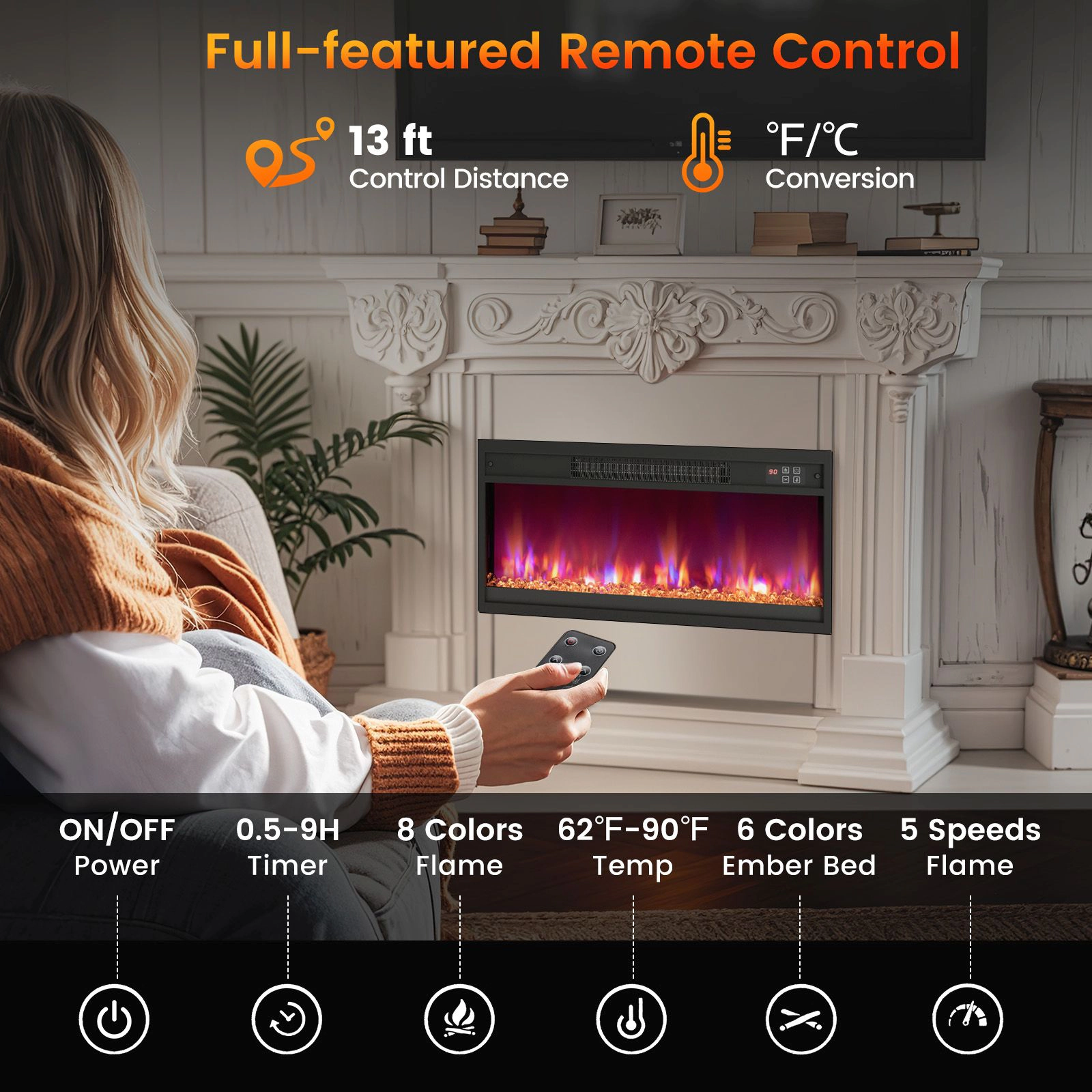 SlickBlue Wall Mounted Fireplace Heater for Living Room, Bedroom & Entertainment Spaces