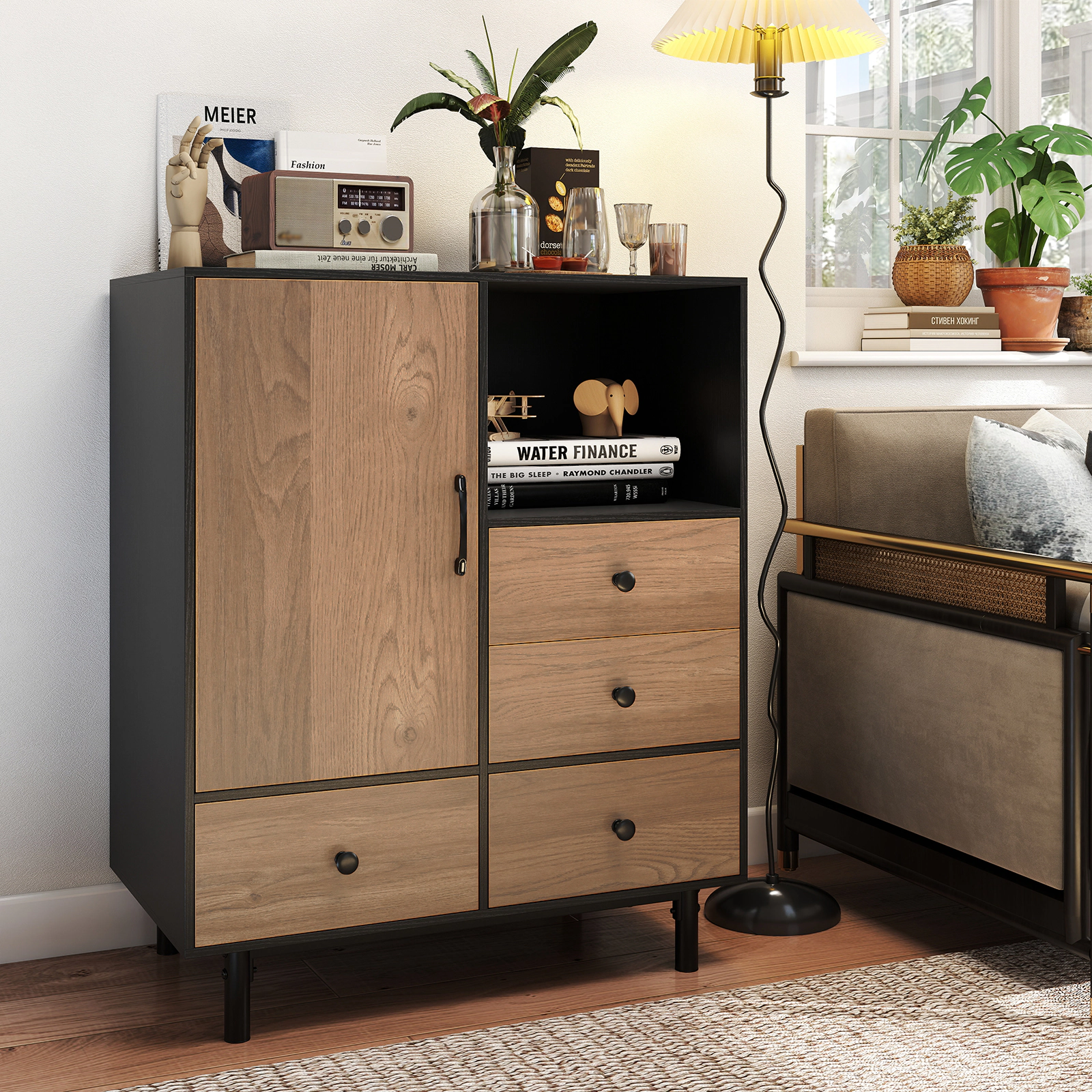 SUGIFT 31.5-in 265-lb Capacity Black Mid-Century Modern Buffet Sideboard with 4 Drawers and Open Compartment