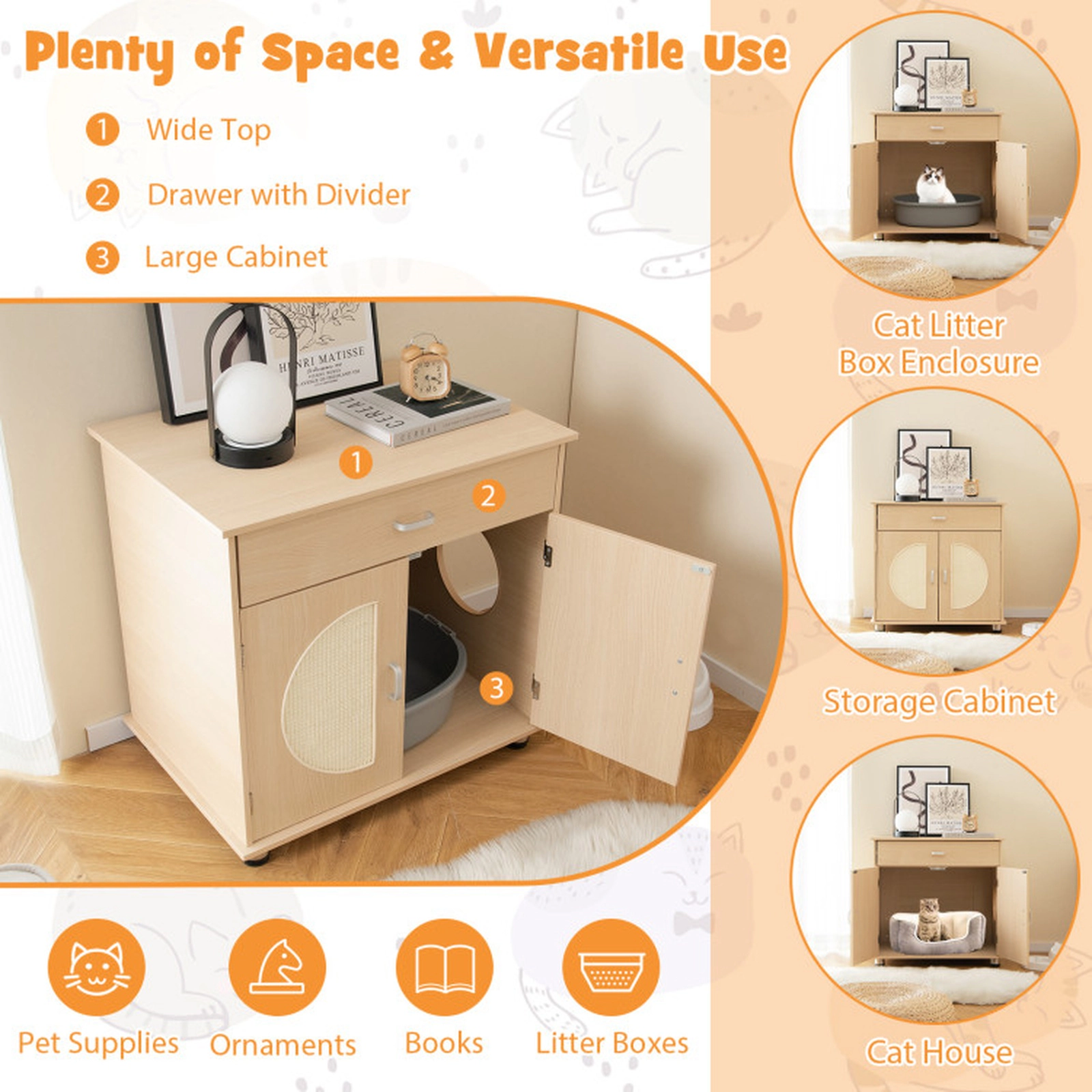 SUGIFT Cat Litter Box Enclosure with Sisal Scratching Doors and Storage 66-lb Tabletop Capacity Natural 1-Pc